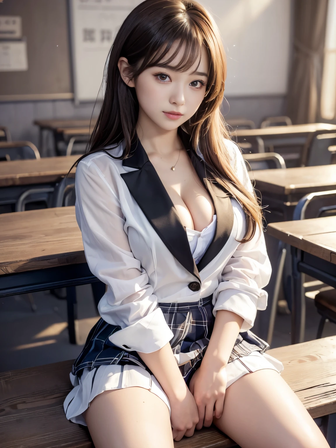 ultra highres,(reality: 1.4),highest quality, masterpiece, high detail, 16K quality, beautiful, 1 beautiful girl,japanese,super beautiful face,,japanese idol face,cute face,super detailed face,detailed hand,beautiful skin,oily skin,big eyes,profeccional lighting,medium hair,brown hair,black beautiful eyes, big smile,sitting with knee up, spread legs,(skirt lift),(((showing panties))),(white panties),medium breasts,navy blue blazer,see through white shirt,open button,cleavage,(checked skirt),cameltoe,black high socks,she is looking at the camera,classroom,nsfw,from front,