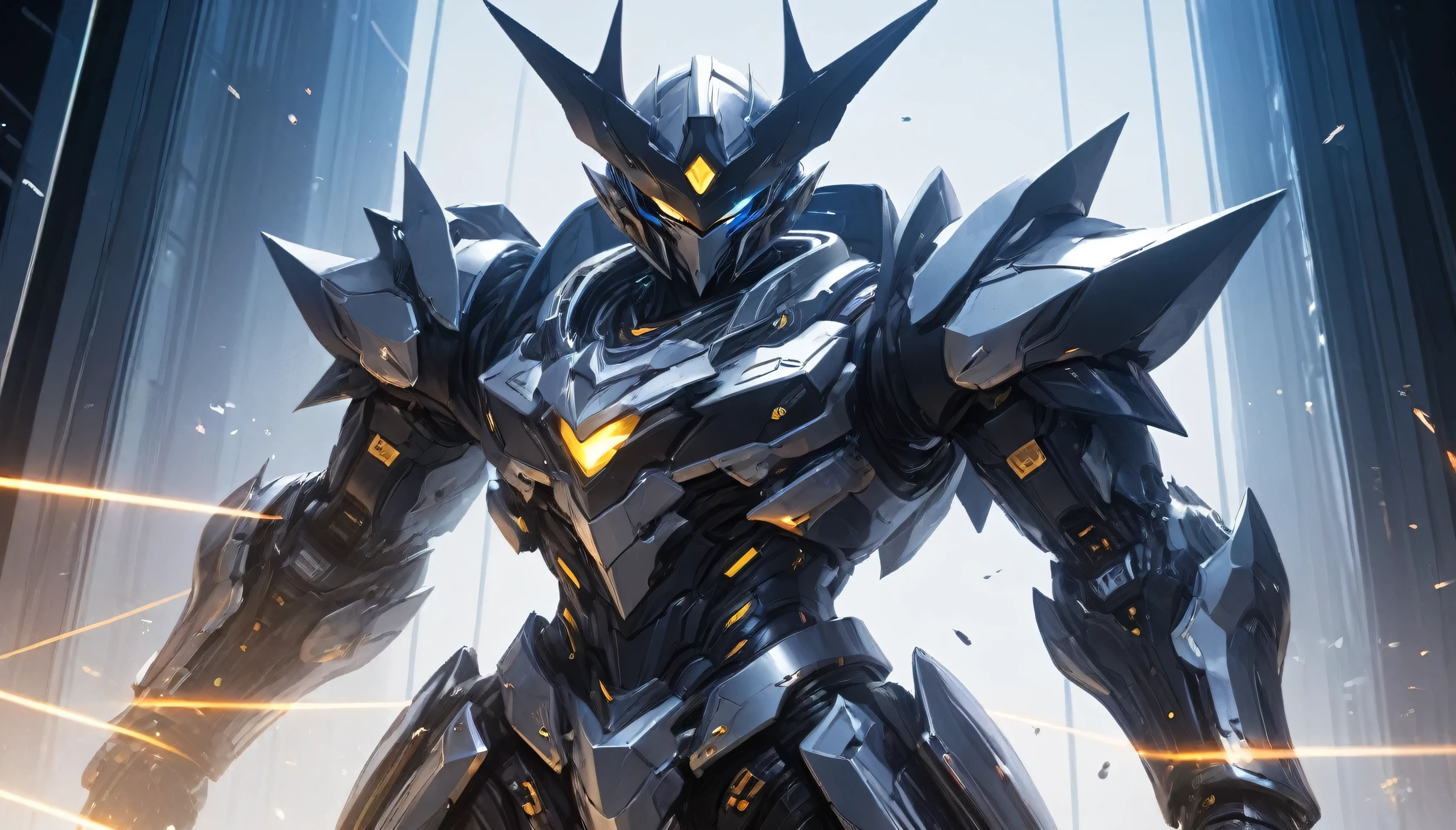 (masterpiece), (best quality), (super-detailed), (UHD), futuristic, space pirate, (mecha pirate:1.2) warrior, with (dual laser cutlasses:1.5), complex highly detailed armor, black, silver, and blue armor, jolly roger emblem, (evil robot blackbeard:1.2), (standing straight:1.52), (legs slightly bent:1.3), (holding his swords out to his sides:1.51), (in front of an all-white background:1.4), epic anime concept art by Yoji Shinkawa and a hint of Jim Lee from the X-Men in the '90s.(ray tracing), (rule of thirds), HDR, textured, cinematic lighting, over-the-shoulder shot, medium wide lense, full body shot, (facing the viewer), sci-fi concept art, Unreal Engine 5, Blender