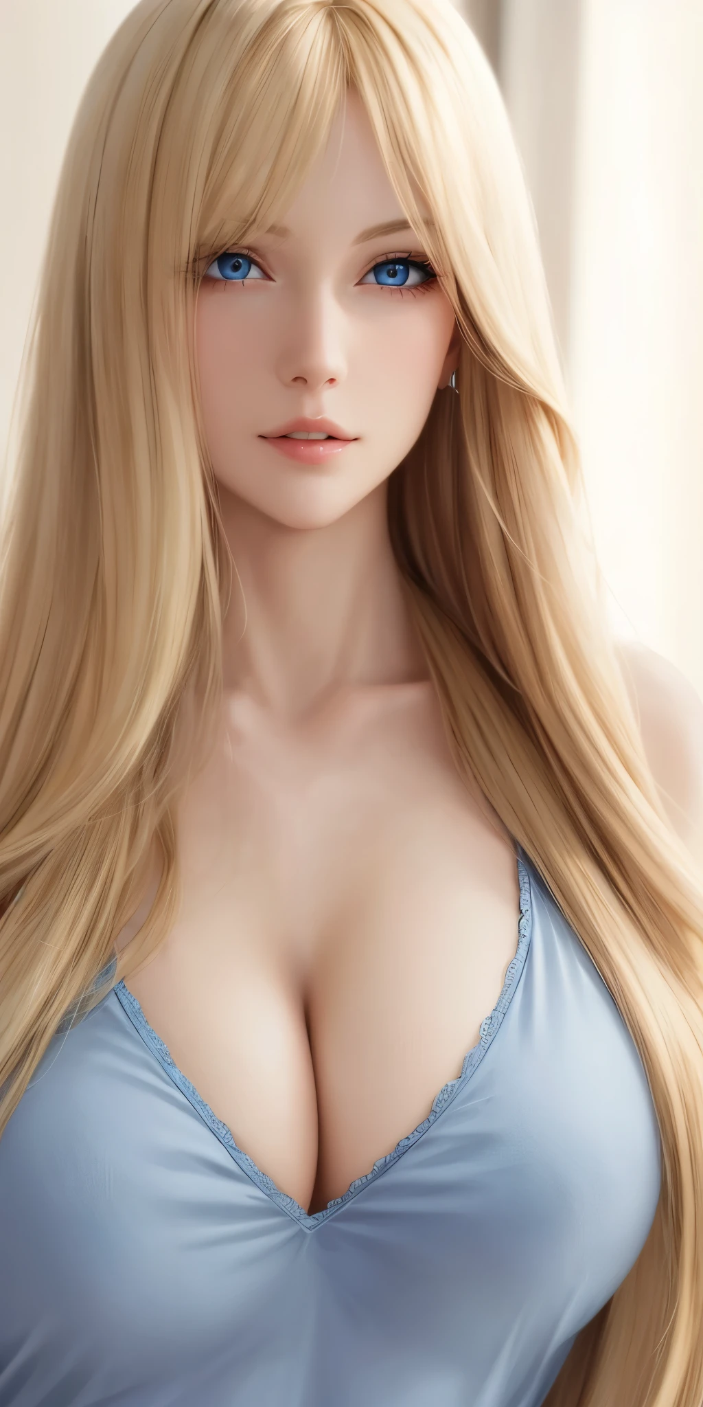 gorgeous adult woman, long neck, long blonde hair, bangs, perfecteyes eyes, casual clothe, cleavage, blue eyes, soft light, high quality, 4k resolution