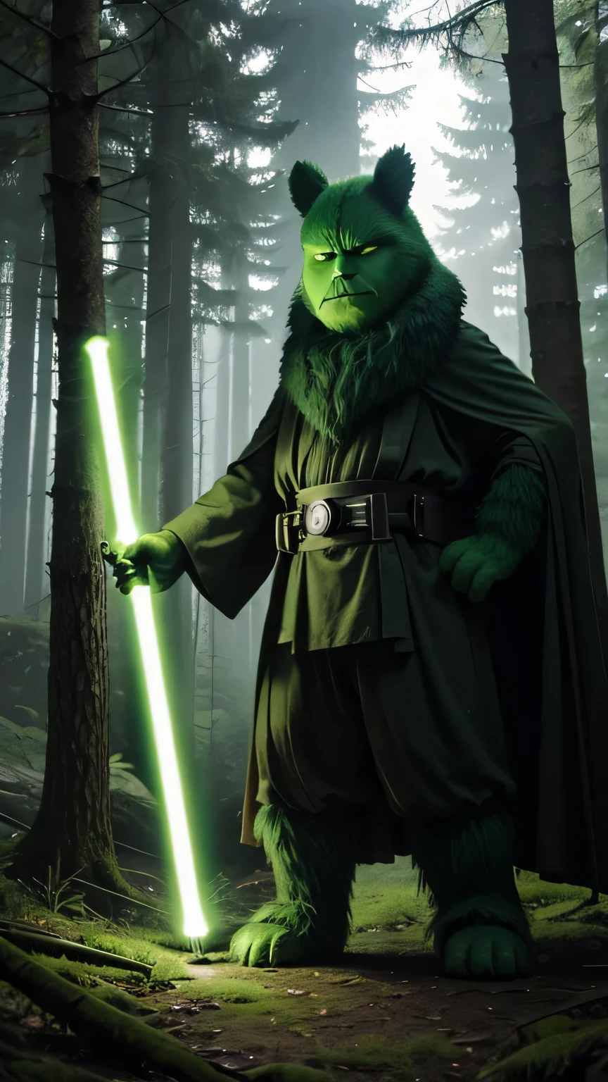 A green Monster in forest witha light saber