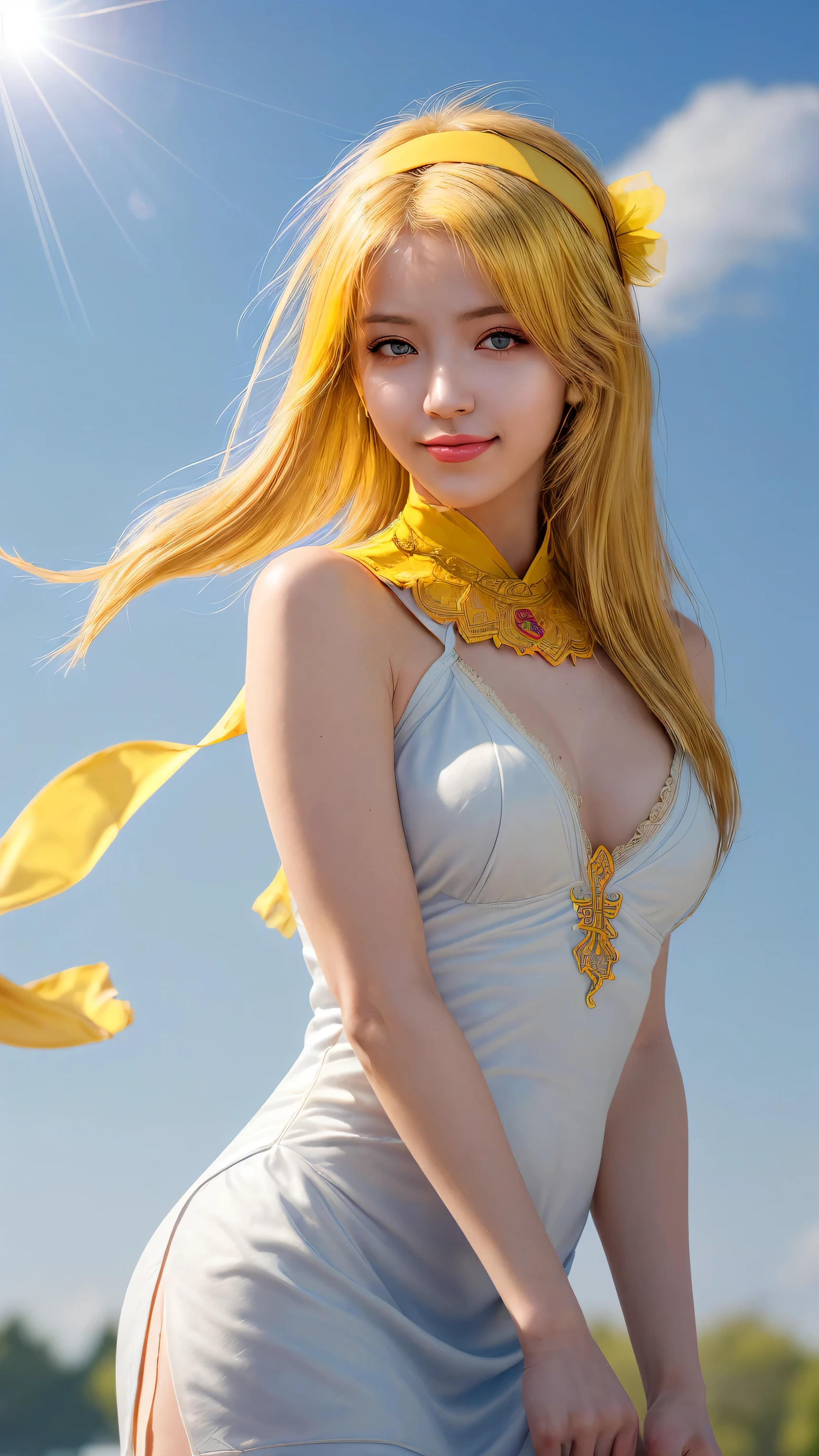 masterpiece, best quality, best quality, (Complex and meticulous:1.2), beautiful eyes, 1 Girl, Solitary, outdoor, Blue sky, cloudy, Bokeh, lens flare, anamorphic lens flare, Depth of Field, Seductive face, seductive smile, Henna_Screwed Up, Yellow hair, Red headband,