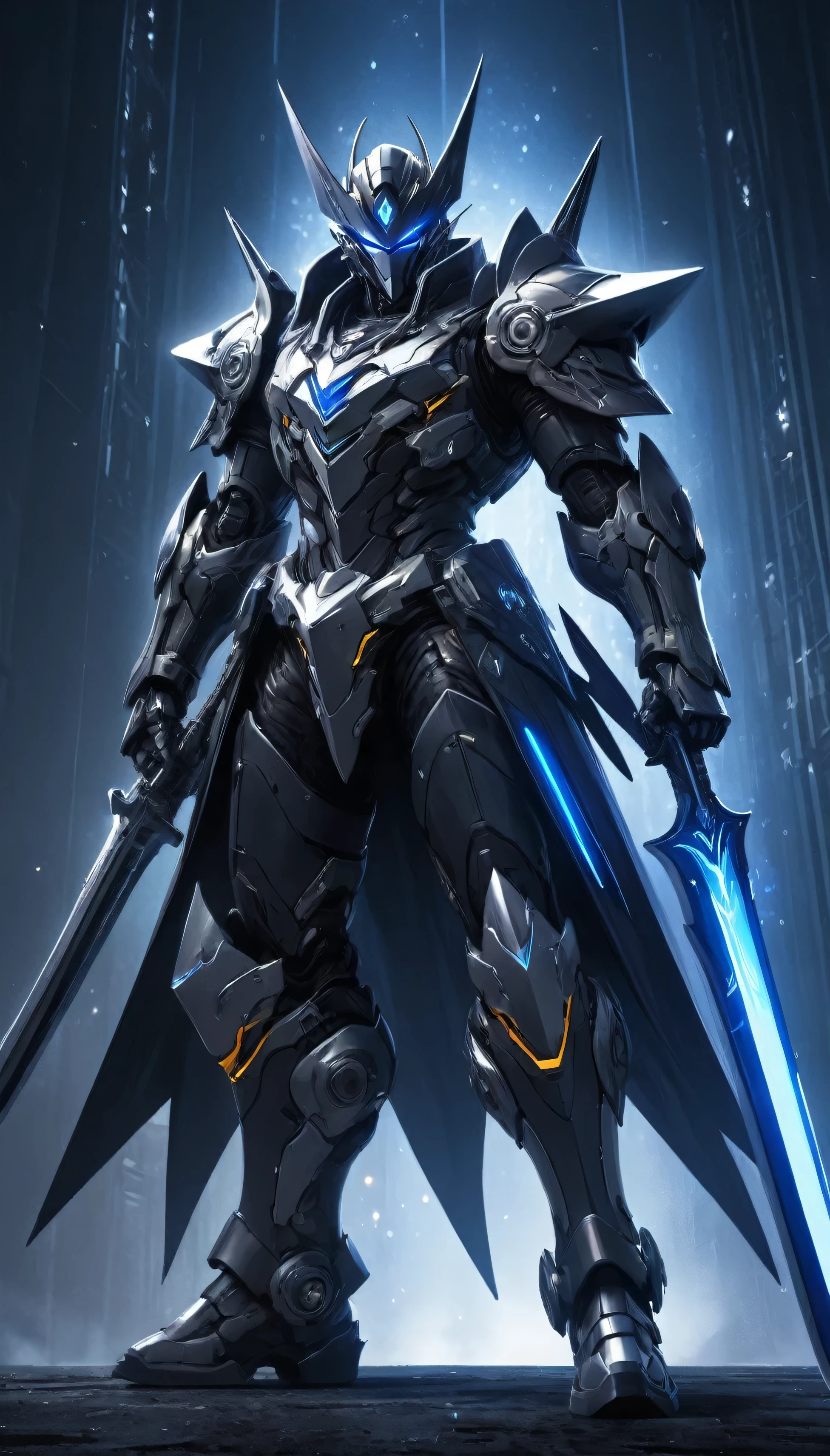 (masterpiece), (best quality), (super-detailed), (UHD), photographic full shot, futuristic, space pirate, (mecha pirate:1.2) warrior, with (dual laser cutlasses:1.5), complex highly detailed armor, black, silver, and blue armor, jolly roger emblem, (evil robot buccaneer:1.2), (standing straight:1.52), (legs slightly bent:1.3), (holding his swords out to his sides:1.51), (in front:1.4), epic anime concept art by Yoji Shinkawa and a hint of Jim Lee from the X-Men in the '90s.(ray tracing), (rule of thirds), HDR, textured, cinematic lighting, over-the-shoulder shot, medium wide lense, full body shot, (facing the viewer), sci-fi concept art, Unreal Engine 5, Blende