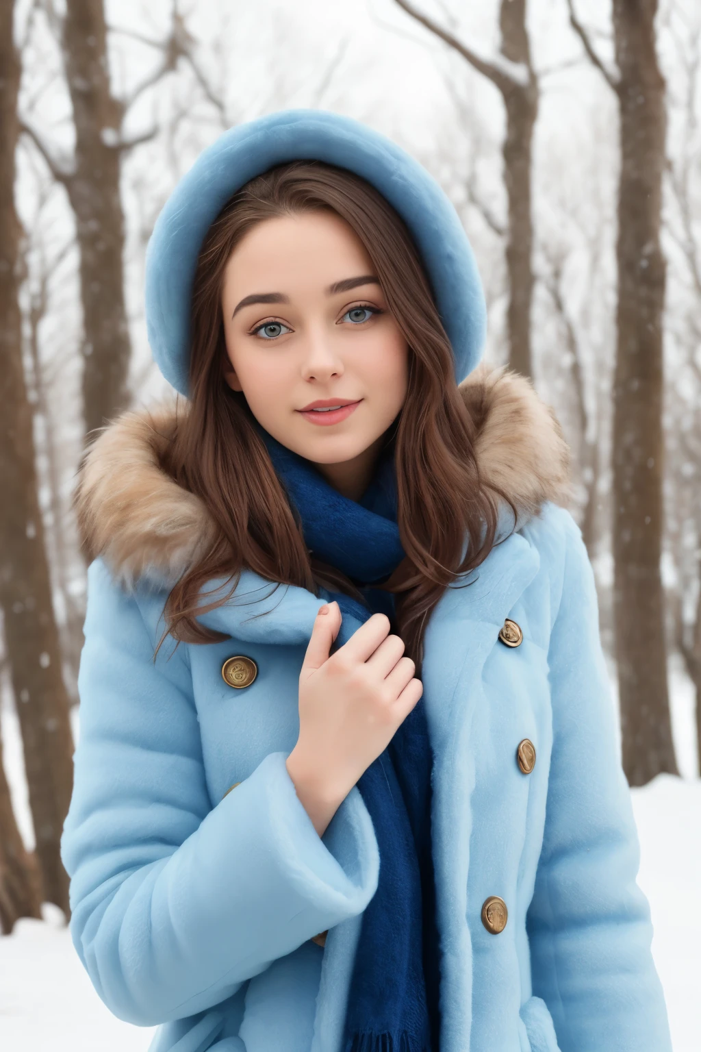 Up close, Pretty young woman in long blue fur coat, boots, winter glistening trees, snowfall background by Dmitry Grigoryevich Levitsky, by Fra Angelico, clarity, dynamic, masterful, award winning, delicate detail, very refined, adorable, fascinating, gorgeous, stunning, captivating, very beautiful, magnificent, delicate, glorious, luscious, heavenly, amazing, excellent
