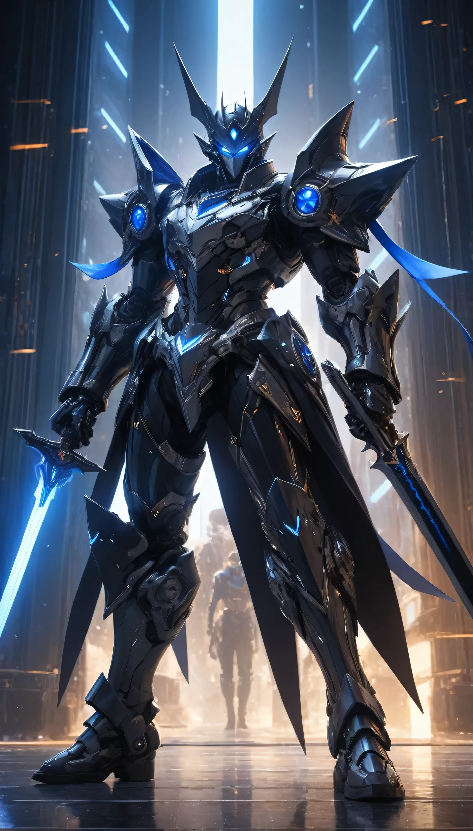 (masterpiece), (best quality), (super-detailed), (UHD), photographic full shot, futuristic, space pirate, (mecha pirate:1.2) warrior, with (dual laser cutlasses:1.5), complex highly detailed armor, black, silver, and blue armor, jolly roger emblem, (evil robot buccaneer:1.2), (standing straight:1.52), (legs slightly bent:1.3), (holding his swords out to his sides:1.51), (in front:1.4), epic anime concept art by Yoji Shinkawa and a hint of Jim Lee from the X-Men in the '90s.(ray tracing), (rule of thirds), HDR, textured, cinematic lighting, over-the-shoulder shot, medium wide lense, full body shot, (facing the viewer), sci-fi concept art, Unreal Engine 5, Blende