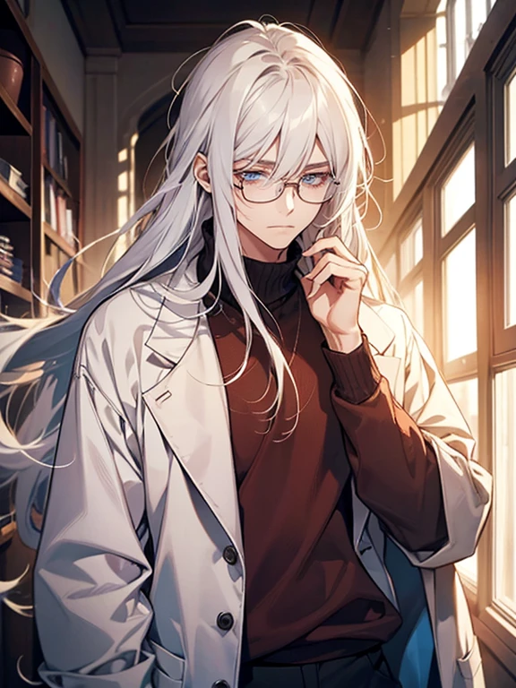 1boy, 1male, long hair, white hair, straight hair, wearing lab coat and sweater, scientist, wearing glasses, tired face, cute boy, beautiful boy, femboy, soft body, feminine body, young boy, rim light, high resolution