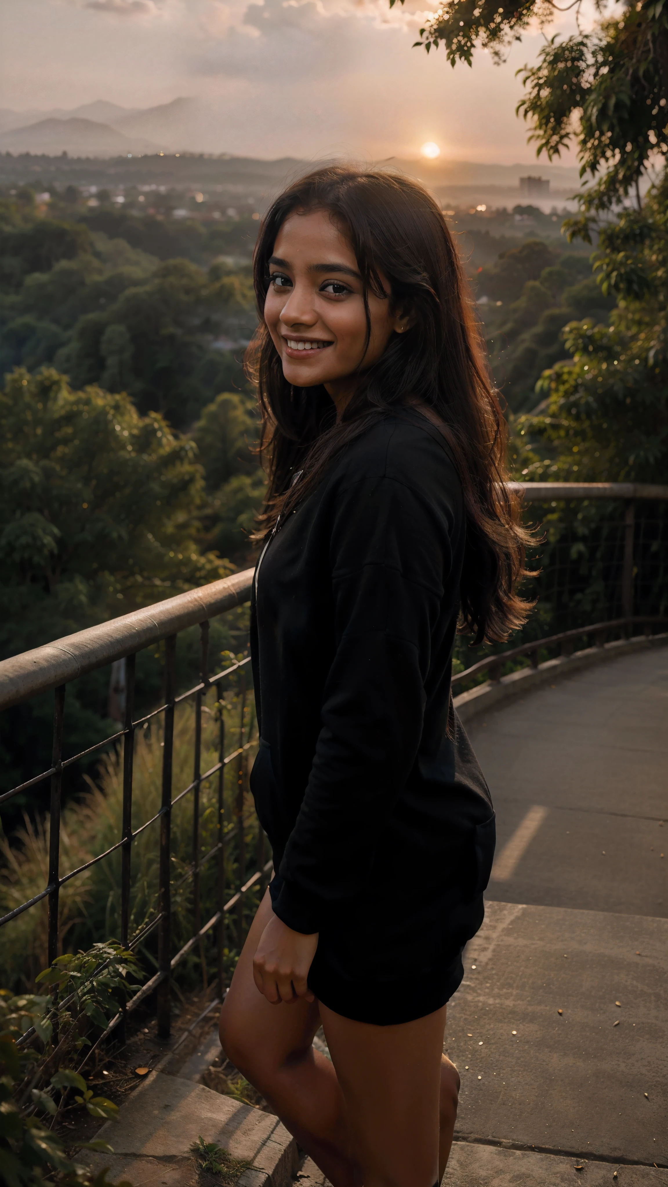kerala girl, looks like Hermoine Granger, on a hilltop, wearing a black hoodie, standing near the railing, enjoying the sunset, laughing looking at the camera, forests in the valley, photo taken from the side, realistic skin texture, realistic mobile photography, luxury