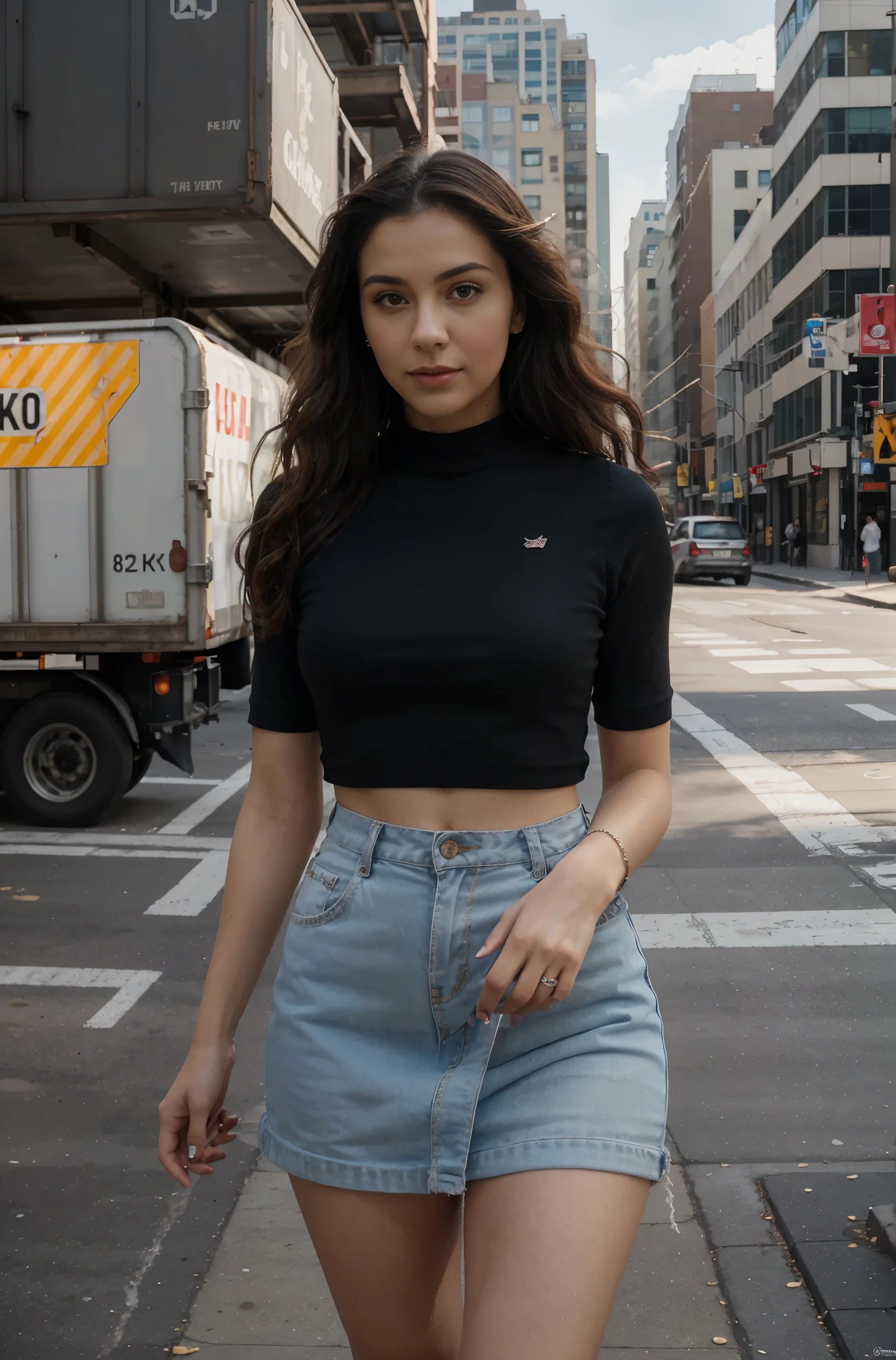 (best quality,4k,8k,highres,masterpiece:1.2),ultra-detailed,(realistic,photorealistic,photo-realistic:1.37),portrait,Colombian lady,Ella Parnell lookalike,burgundy curly hair,sexy work clothes,cement mixer truck,New York City,professional,street scene,colorful,HDR,studio lighting,sharp focus,vivid colors,lively atmosphere,lots of details,urban setting,modern cityscape,daytime,energetic,confident expression,posing confidently,city hustle and bustle,sophisticated,stylish,dynamic perspective,glowing lights,crisp shadows,striking composition,compositionally balanced,business district,elegant,city lifestyle,urban exploration