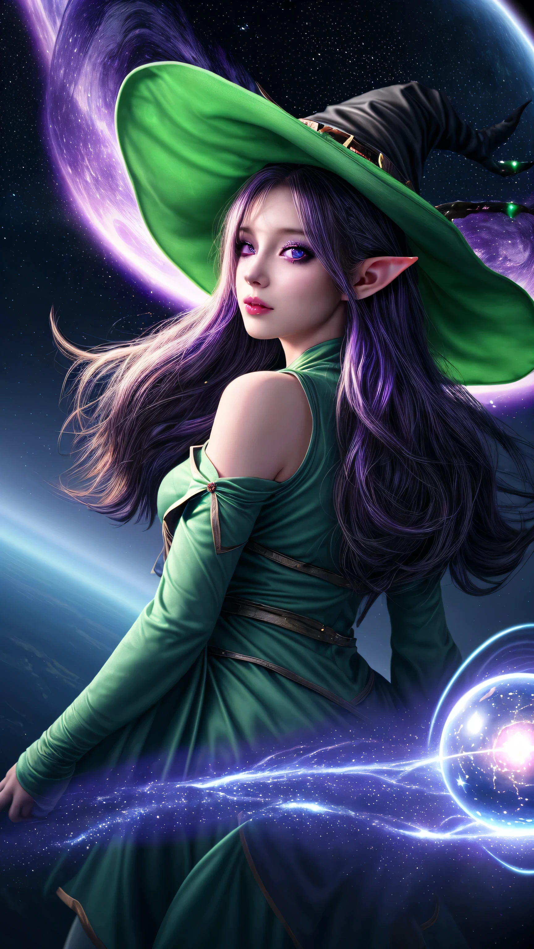 best quality, high resolution, 1 Girl, Elf, Witch Hat, Floating in space, Energy Ball, Light Particles, Shiny hair, Bright starlight, fantasy,