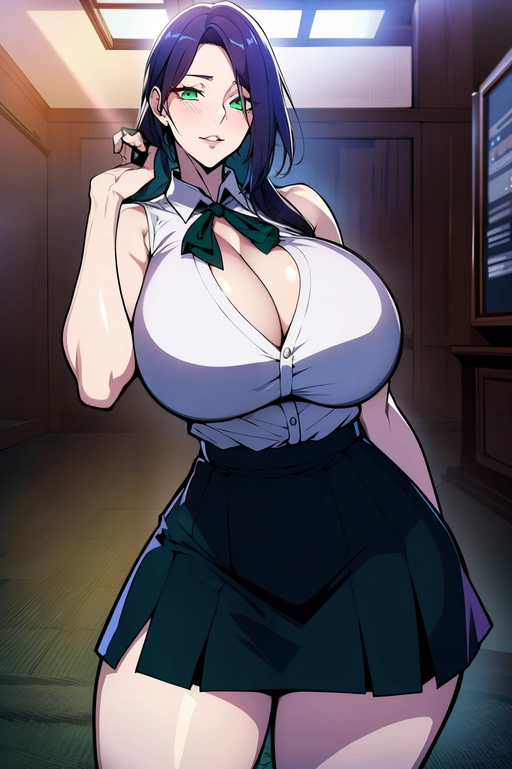 An anime-style artwork depicting Reze from the anime chainsaw man.
Tags: Reze, anime, detailed eyes, detailed lips, white shirt, collared shirt, sleeveless, ribbon, black miniskirt, cleavage, smiling expression, intense gaze, dynamic pose, indoor, palace, vibrant colors, digital art, high-resolution, professional quality, gigantic breasts, curvy, cowboy shot, (gigantic breasts: 1.4), (green eyes:1.1), (purplish blue hair)