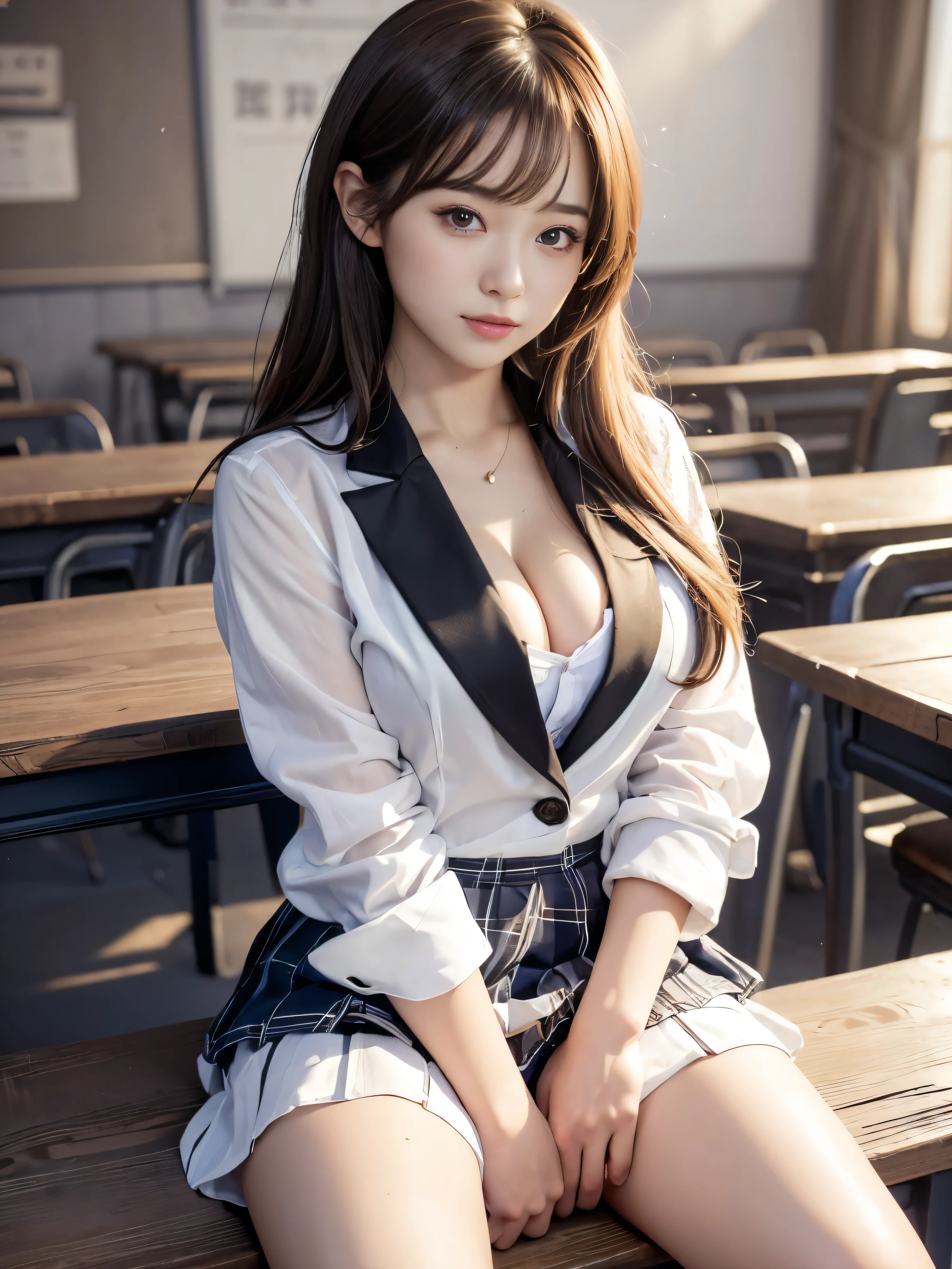 ultra highres,(reality: 1.4),highest quality, masterpiece, high detail, 16K quality, beautiful, 1 beautiful girl,japanese,super beautiful face,baby face,japanese idol face,cute face,super detailed face,detailed hand,beautiful skin,oily skin,big eyes,profeccional lighting,medium hair,brown hair,black beautiful eyes, big smile,sitting with knee up, spread legs,(skirt lift),(((showing panties))),(white panties),medium breasts,navy blue blazer,see through white shirt,open button,cleavage,(checked skirt),cameltoe,black high socks,she is looking at the camera,classroom,nsfw,from front,