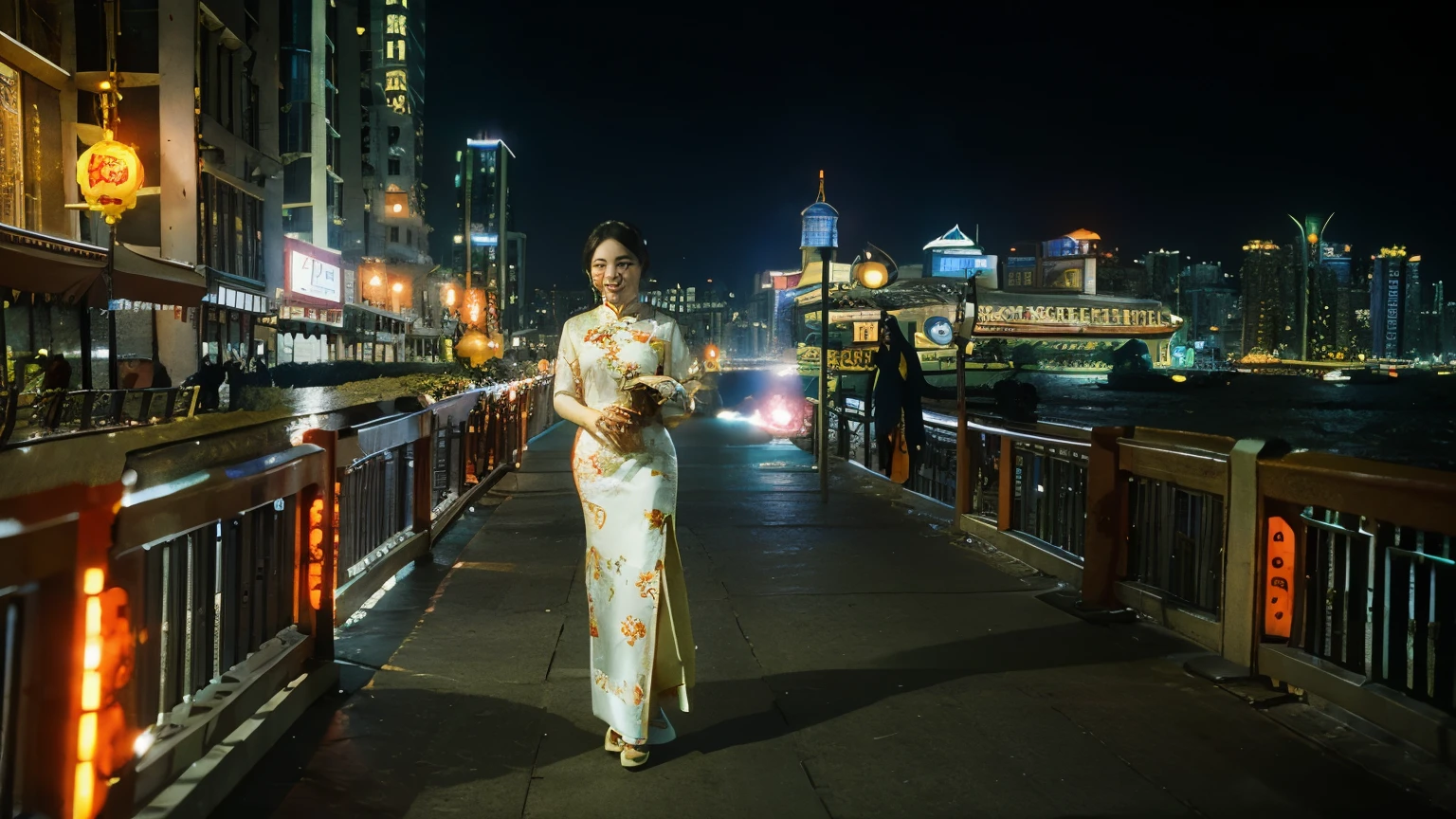A vibrant young woman, her smile as radiant as the Shanghai skyline, stands gracefully on the Bund, her elegant cheongsam flowing in the gentle breeze. She holds her camera aloft, capturing the breathtaking panorama of the city's architectural marvels, her heart brimming with joy and pride for her beloved Shanghai.