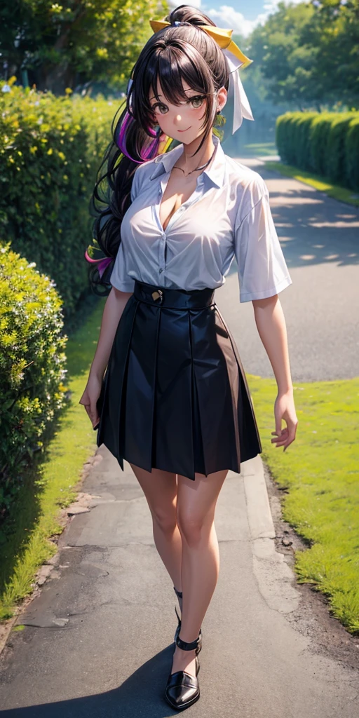 1girl, full body, solo, summer, village, trees, sun, clouds, ((colorful hair)), long hair, curly hair, ponytail, large breasts, ((black blazer)), button down shirt, ((white shirt)), ((short sleeved shirt)), ((unbuttoned shirt)), unbuttoning buttons, cleavage 1:3, brown eyes, skirt, smile, looking at the viewer, standing, hair ribbon, golden necklate