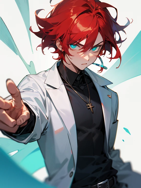 Masterpiece, best quality, expressive eyes, perfect face, 1boy, male focus, red hair, cyan eyes, laboratory coat, necklace, belt, 