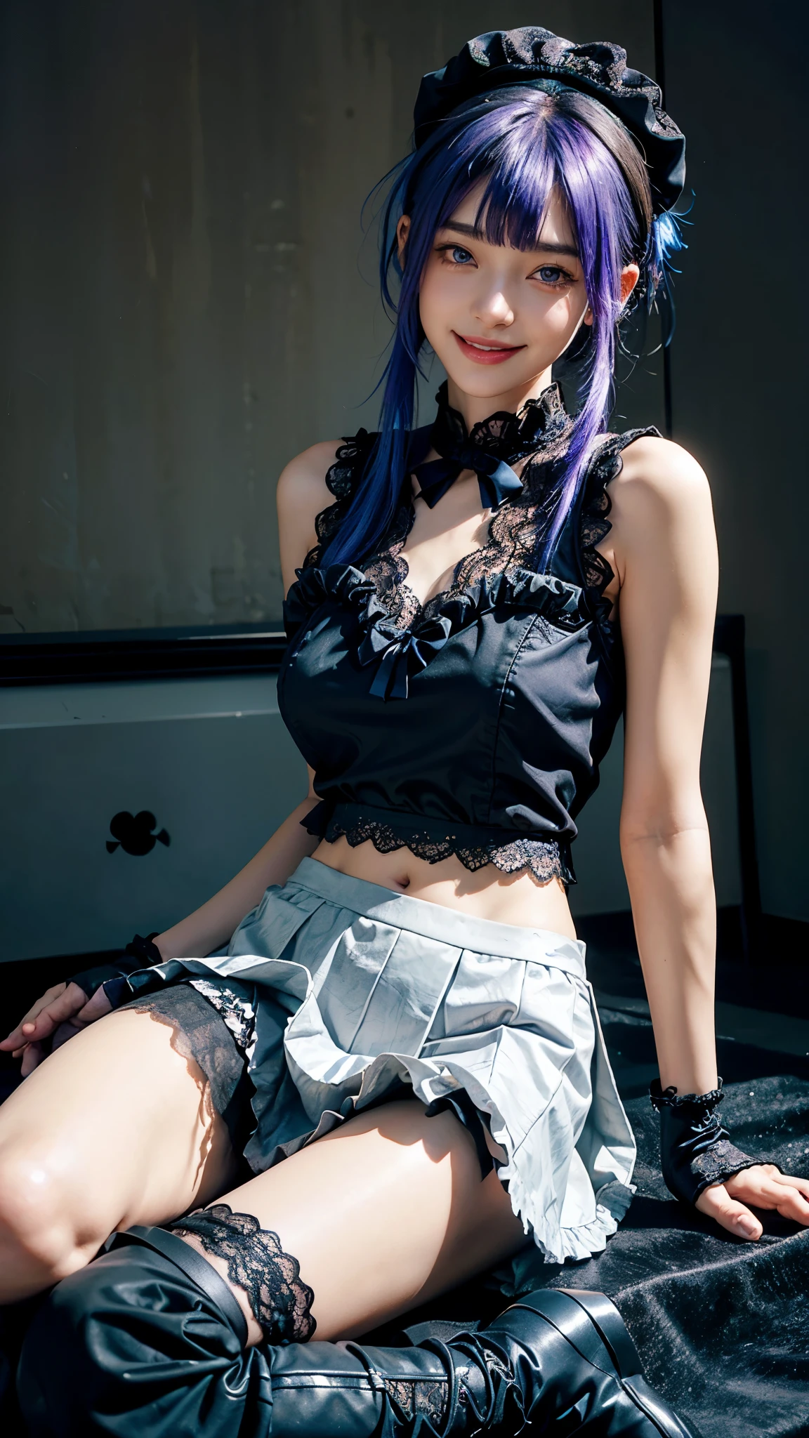 highest quality, masterpiece, Ultra-high resolution, (Realistic:1.2), (Portraiture) RAW Photos, 1 girl,22 years old((Detailed face)),(((座ったPortraiture))No bra,((Smiling with teeth showing)),((Big smile)),((Black boots and black lace gloves)),((Black sleeveless top with frill lace)),((White blouse under dress)),((Black Long Skirt)),((Blue-purple hair with a thin black ribbon))Twin tail hair,((Cap Chestnut)),((Short bangs)),Realistic,Image Media Chest)),