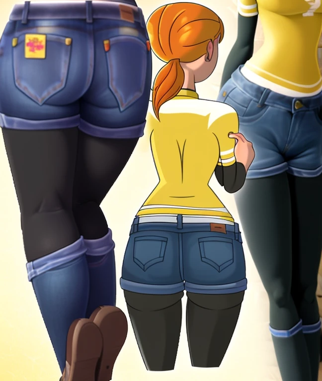 1girl, april2012, black pantyhose, ponytail, freckles, shiny pantyhose, bloom back view, under view, full bode, jeans shorts, yellow shirt 