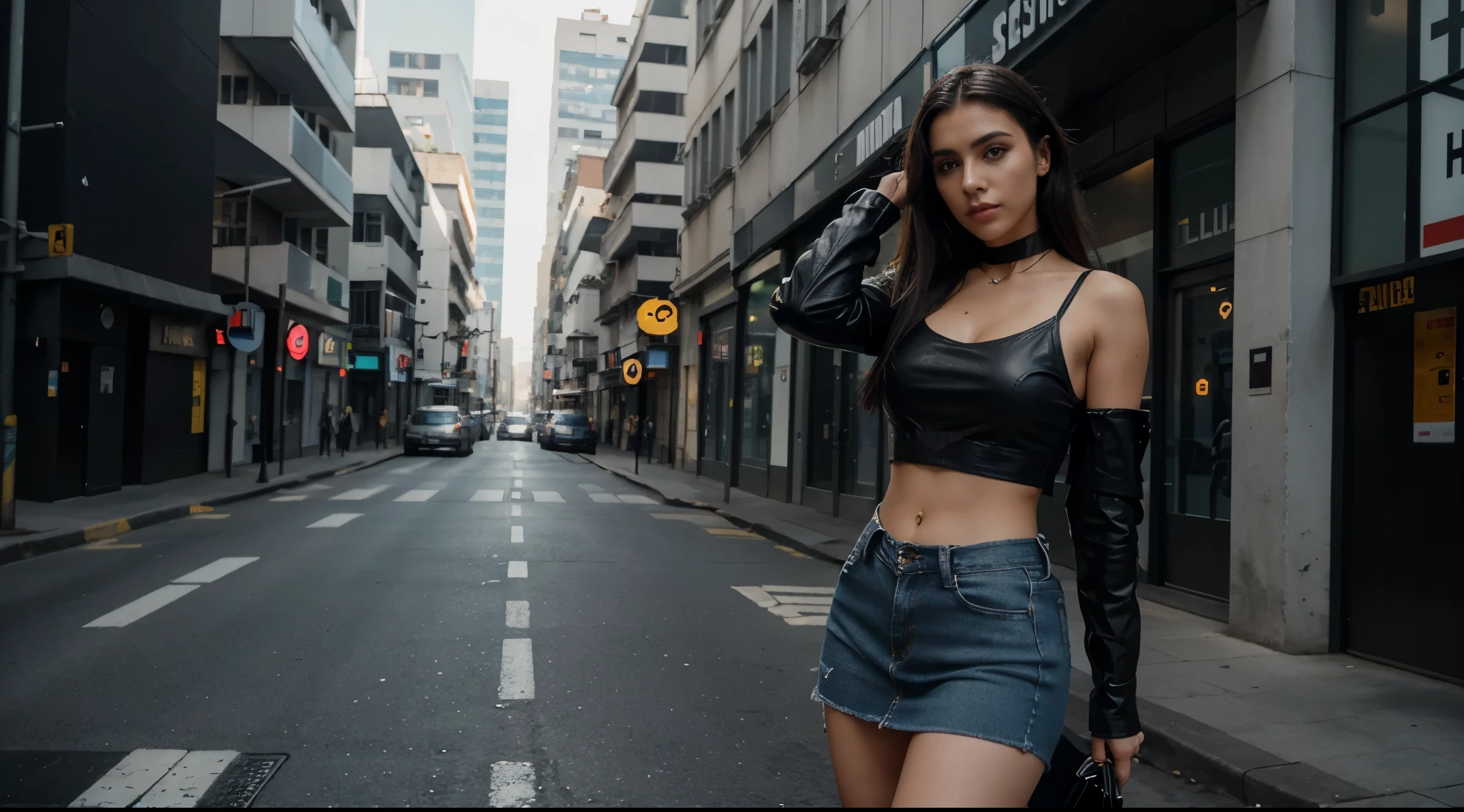 Garota loira de 19 anos, standing, ereta, standing on her feet, standing, nua, crop top preto, muito bonita, athletic, cabelos loiros, olhos azuis, Red lips, usando short denim skirt, saia muito curta, pernas grossas, pernas bonitas, cintura estreita, abdome exposto, umbigo exposto, botas de coxa de couro preto, saia denim curta, minissaia jeans, mini-saia, saia curta azul, cinto de couro preto, seios pequenos, pele de porcelana, The girl is wearing a black leather choker, the girl is wearing black leather boots, botas de coxa de couro preto, The girl is standing on a street in a cyberpunk city, cidade cyberpunk futurista, estilo blade runner, cena noturna, luzes da cidade, saia muito curta, micro-saia.