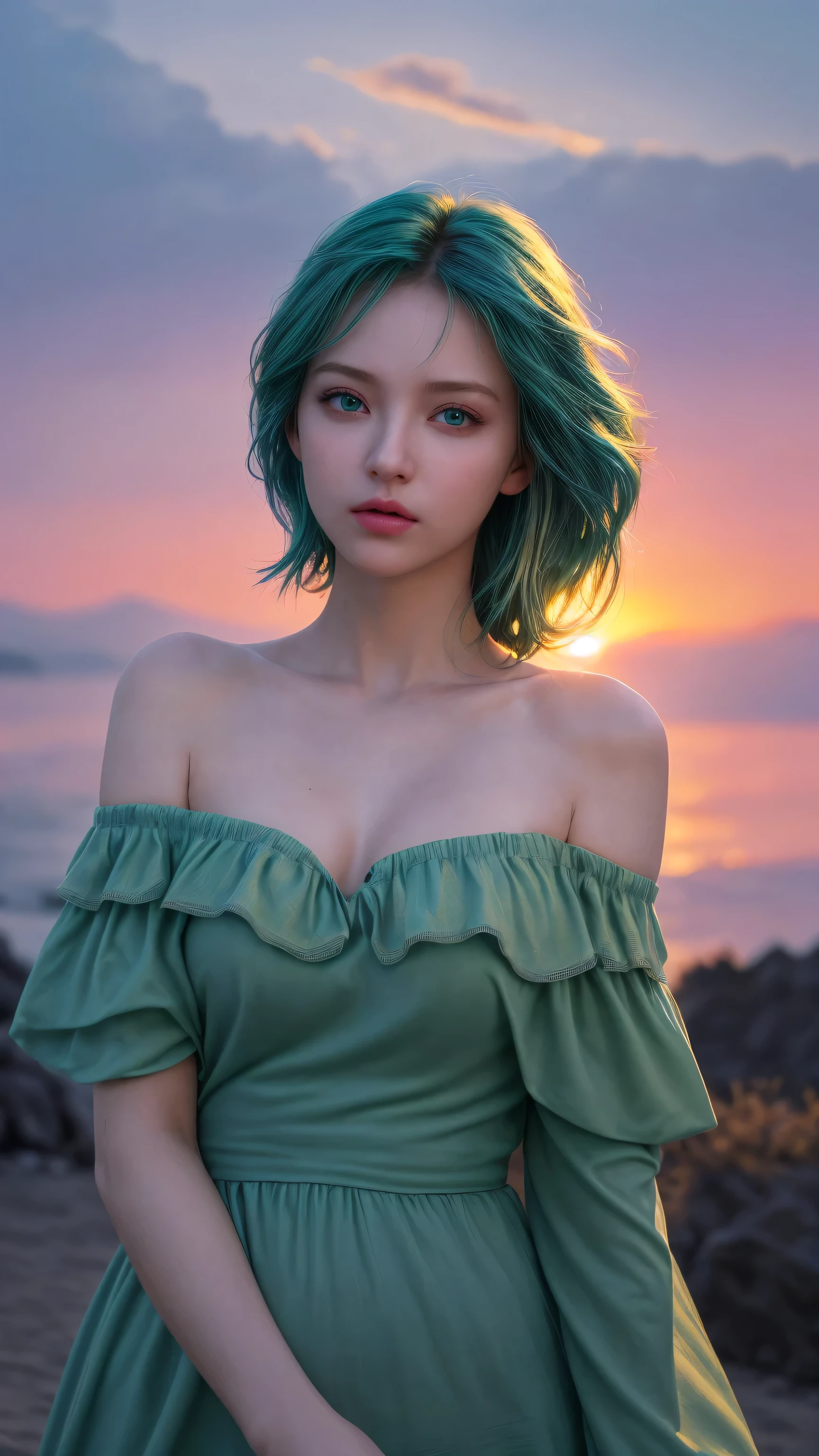 best quality, masterpiece, Ultra-high resolution, (realism: 1.4), original photo, 1 Girl, Green Eyes, Off-shoulder, Movie Lighting, Blue Hair, Sunset