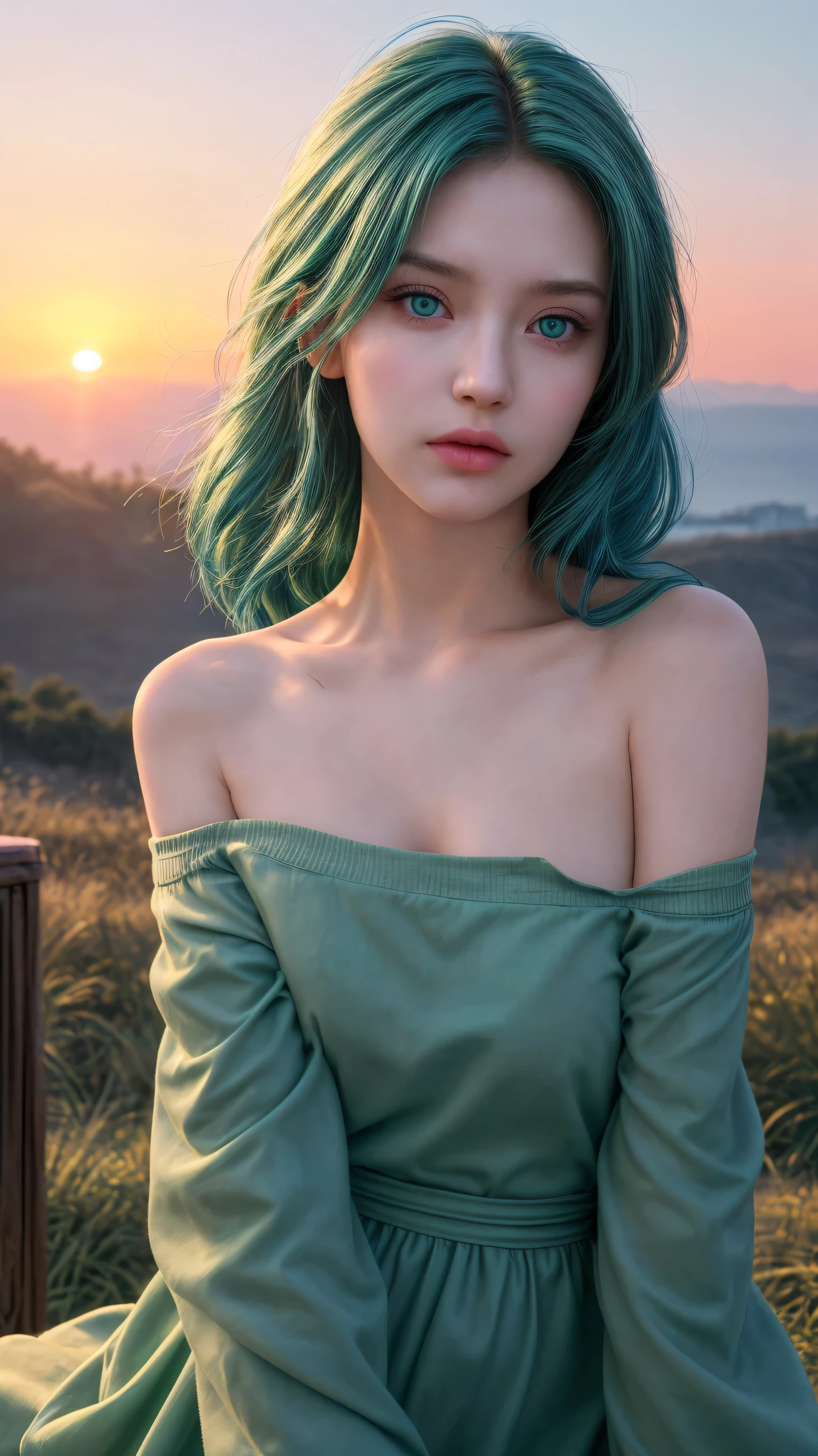 best quality, masterpiece, Ultra-high resolution, (realism: 1.4), original photo, 1 Girl, Green Eyes, Off-shoulder, Movie Lighting, Blue Hair, Sunset