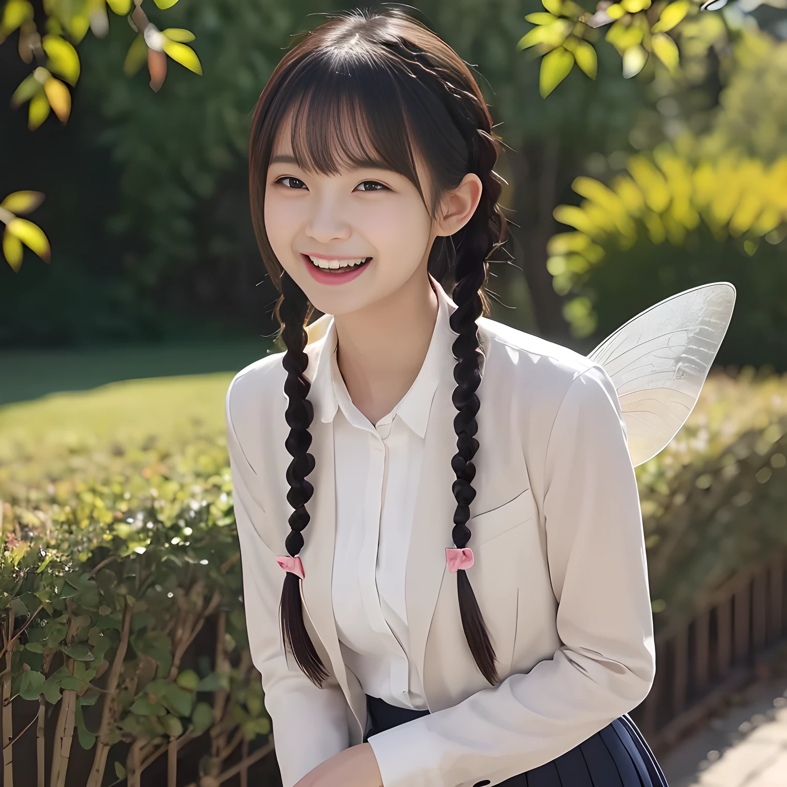 (highest quality、masterpiece:1.2)、highest quality、Realistic、photograph、High resolution、1080p、8K、Physical Rendering、((Height: 158cm)), ((one Japanese girl)), ((((A fairy in the form of a 15-year-old beautiful Japanese magazine fashion model is looking at the viewer.)))), ((((laughing at me!)))), detailed fingers, (((curled blunt bangs))), (((((Very large, cute droopy eyes, carefully and delicately drawn down to the last detail.))))), ((double eyelids)), (((long eyelashes))), ((cute lovely laughing cheeks)), ((The pure white light hits my nose and cheeks.、Her eyes and white facial skin shine beautifully white.)), ((((Her facial features are very expressive lovely smile, very sweet, very sweet)))), (((black very beautiful and very long braids))), (((She is wearing a neat junior high with a skirt, blazer and red ribbon.))), ((The skirt is very neat)) , (((As elegant as a noble princess))), ((A fractal background made up of uniform ribbons))