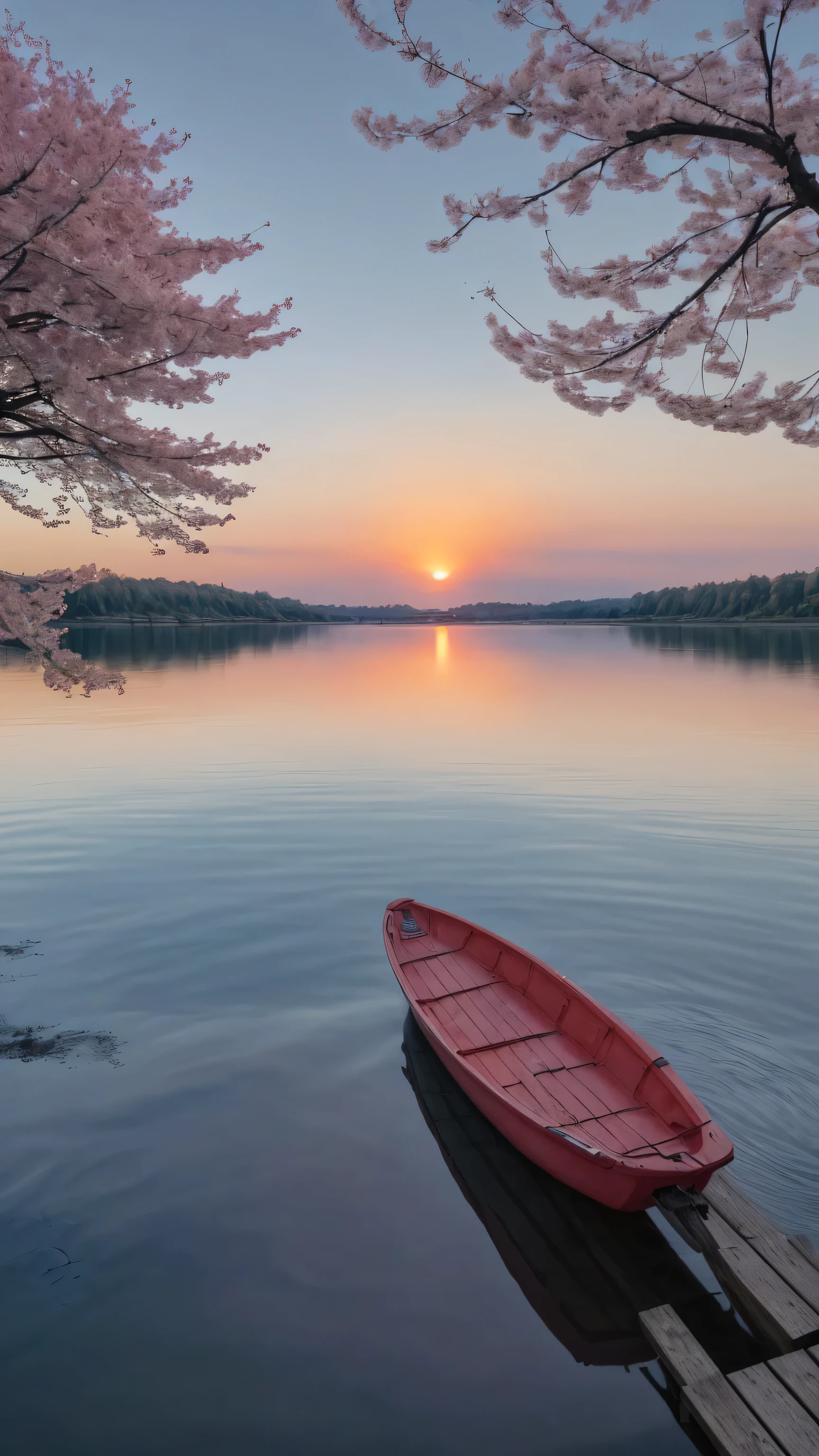 Sunset, Cartoon, lake, Cherry tree