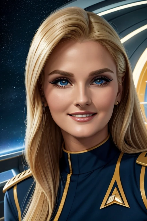 Masterpiece illustration, very detailed face, full body, a 20 year old sexy space babe, beautiful denise crosby with long luscious blonde hair, eyeliner, lipstick, eyeshadow, flirty smile, cute glint in her eye, youthful enthusiasm, on the bridge of the enterprise, wearing a tng uniform, refined face detail, ambient light from displays, rim light,