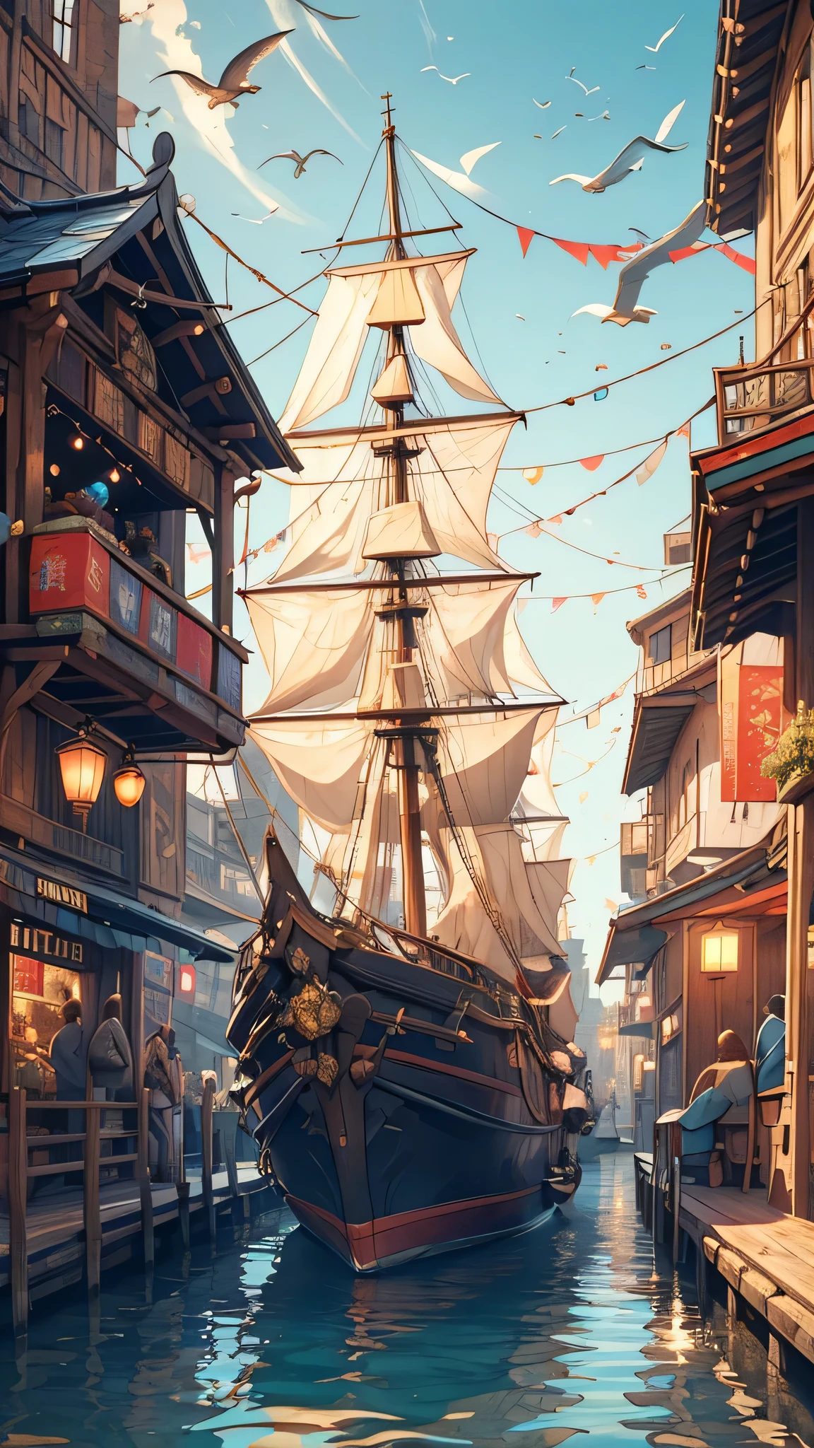 (best quality,4k,8k,highres,masterpiece:1.2),ultra-detailed,(realistic,photorealistic,photo-realistic:1.37),harbour,dock,market in harbour,fisherman sell their fish,medieval fantasy,ancient boats,old wooden buildings with colorful signs,seagulls soaring in the sky,polished stone statues of mythical creatures,people wearing medieval clothing bustling around,richly decorated trading stalls filled with various goods,bustling crowd admiring the exotic merchandise,cobblestone streets with flickering lanterns,proud fisherman showcasing their freshly caught fish,hint of saltiness in the air,ship masts towering against the sky,calm waters reflecting the vibrant scene, warm sunlight bathing the harbor,soft hues of blue and gold,picturesque silhouette of the nearby castle,old cannons guarding the entrance,watchtowers looming over the harbor,peaceful harmony between the medieval and nautical elements。