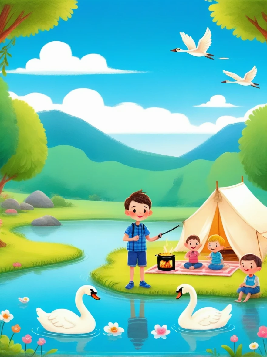 A cute boy and girl，Tented camp，Spring Outing，lake，Natural Scenes，barbecue，Blue sky natural background，swan，Wide Angle，Clay Materials，Clean background，Natural light，Light and shadow，Very high detail with rim light，Intricate details，Medium shooting，8k，hand ，illustration