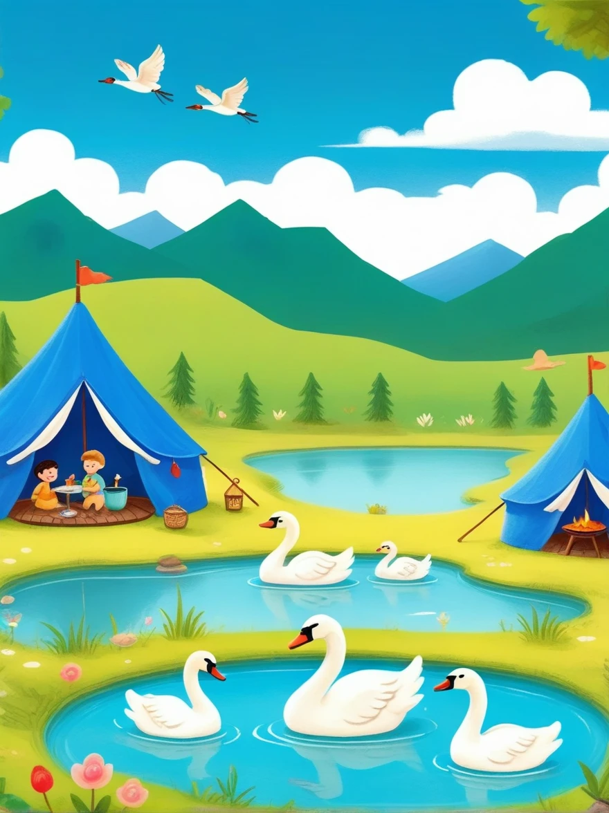 A cute boy and girl，Tented camp，Spring Outing，lake，Natural Scenes，barbecue，Blue sky natural background，swan，Wide Angle，Clay Materials，Clean background，Natural light，Light and shadow，Very high detail with rim light，Intricate details，Medium shooting，8k，hand ，illustration