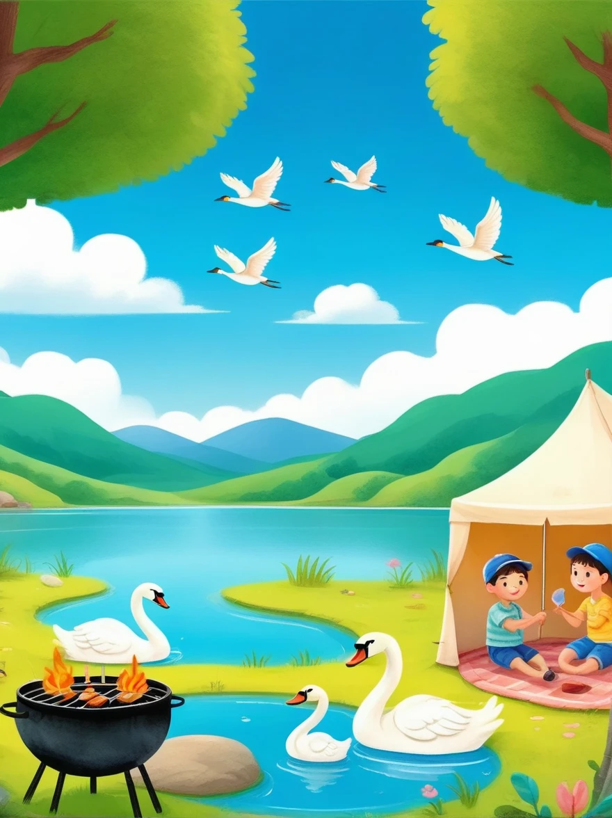 A cute boy and girl，Tented camp，Spring Outing，lake，Natural Scenes，barbecue，Blue sky natural background，swan，Wide Angle，Clay Materials，Clean background，Natural light，Light and shadow，Very high detail with rim light，Intricate details，Medium shooting，8k，hand ，illustration