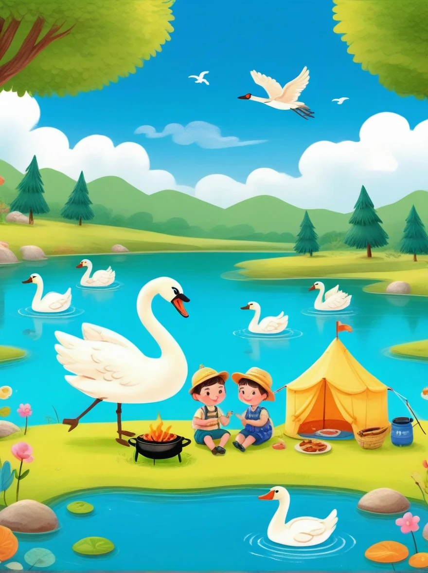 A cute boy and girl，Tented camp，Spring Outing，lake，Natural Scenes，barbecue，Blue sky natural background，swan，Wide Angle，Clay Materials，Clean background，Natural light，Light and shadow，Very high detail with rim light，Intricate details，Medium shooting，8k，hand ，illustration