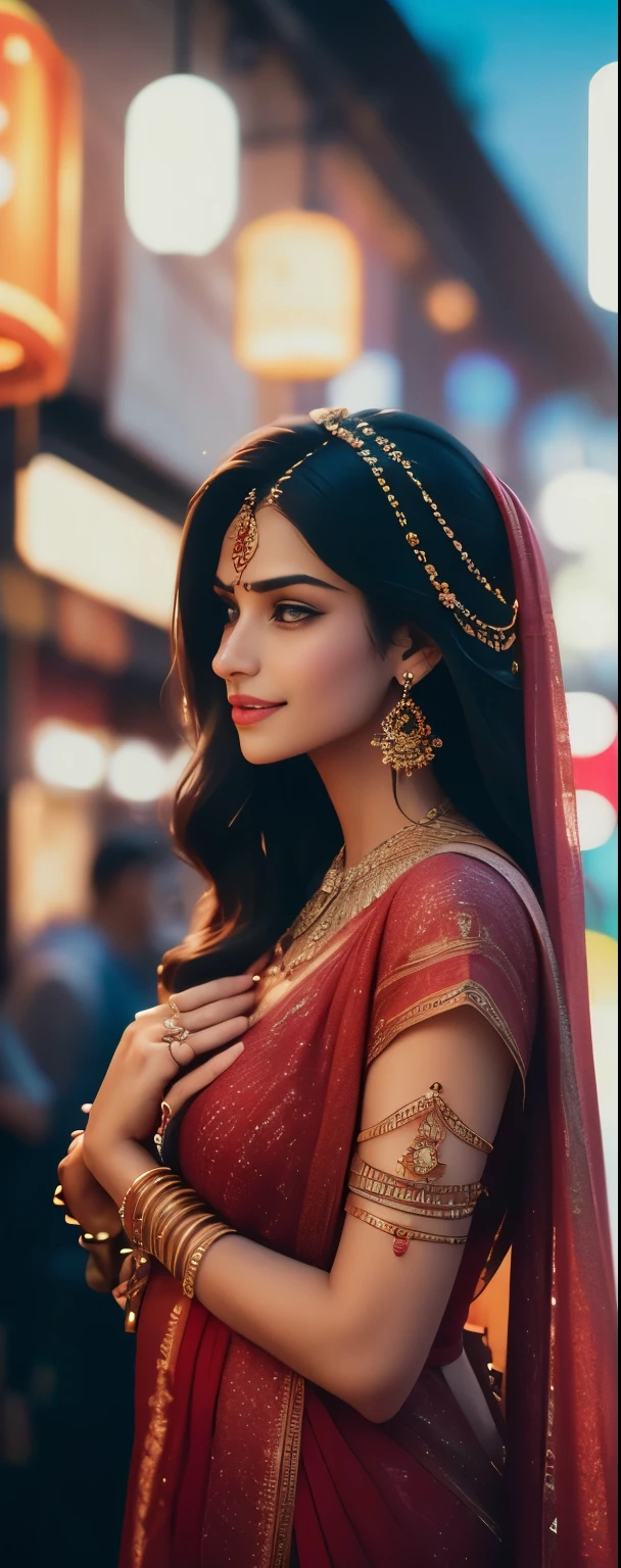 In the bustling streets of a vibrant Indian city, amidst the kaleidoscope of colors and scents, a woman (((Anne Hathaway: Selena Gomez:0.6))) clad in a vibrant red saree and a black blouse becomes an ethereal sight that captivates all who lay eyes upon her. (( huge smiling 0.3)) Her undeniable beauty transcends time and space, leaving onlookers spellbound.

Describe the scene as the woman, with her graceful presence, glides through a crowded marketplace, where merchants and shoppers pause to admire her radiance. The atmosphere is alive with whispers as her mesmerizing allure evokes a sense of awe and admiration.

Embark on a journey to reveal the woman’s story—her name, her background, her passions—and the reasons behind her choice of attire. Explore her persona, intertwining elements of mystery and allure, as people speculate on the secrets hiding behind her enchanting gaze.

Incorporate the sights, sounds, and emotions that surround this extraordinary woman, as she navigates through the city’s vibrant tapestry. Whether it be the scent of freshly ground spices, the distant sound of temple bells, or the intricate henna designs adorning her hands, immerse the reader in the sensory experience of this captivating moment.

As the story unfolds, her path intertwines with that of a curious photographer who becomes determined to capture her undeniable beauty in a single photograph. Describe their encounters, the photographer’s attempts to understand her story, and the profound impact this woman’s presence has on his own life.(Blur Background:1.6), (Blue Hue:0.8), (Auto focus:1.4)