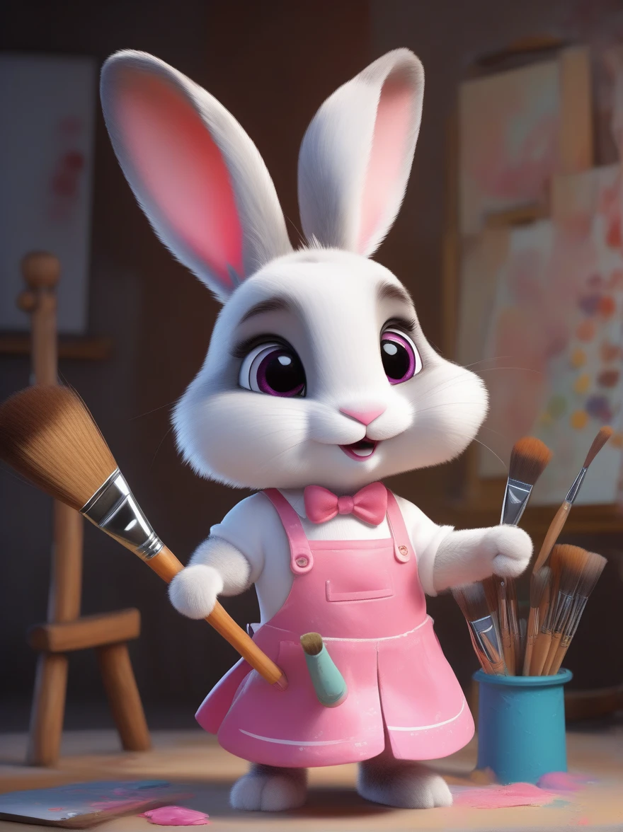 A cute rabbit wearing a white top and a pink skirt，Hold the palette in your left hand，Hold a paintbrush in your right hand，Big eyes and big ears，Character design dressed up as a painter style，Wearing a painter&#39;s hat，Cartoon Style，Illustration style，Full body shot，With super detail，Natural light，Light and shadow，Very high detail with rim light，Intricate details，Medium shooting，8k, UHD, masterpiece, ccurate, anatomically correct, textured skin, award winning