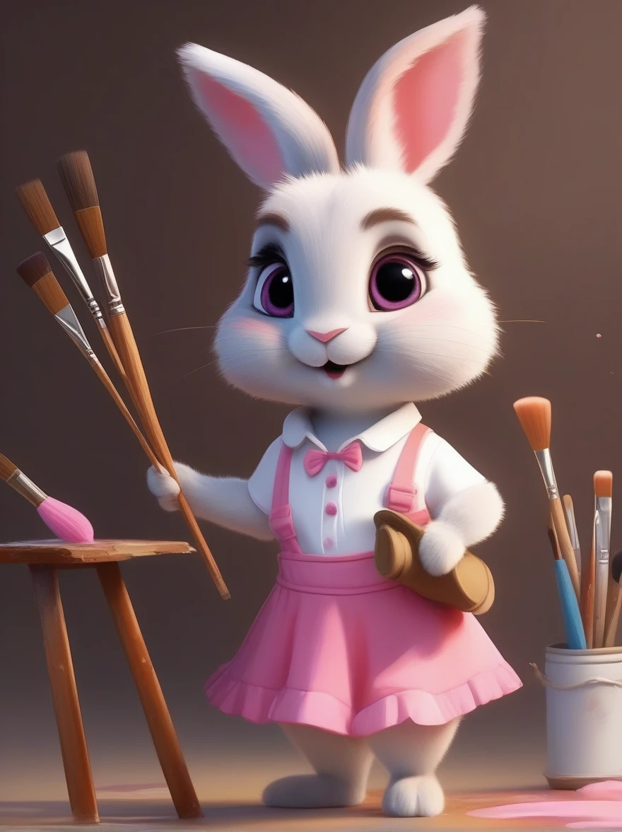 A cute rabbit wearing a white top and a pink skirt，Hold the palette in your left hand，Hold a paintbrush in your right hand，Big eyes and big ears，Character design dressed up as a painter style，Wearing a painter&#39;s hat，Cartoon Style，Illustration style，Full body shot，With super detail，Natural light，Light and shadow，Very high detail with rim light，Intricate details，Medium shooting，8k, UHD, masterpiece, ccurate, anatomically correct, textured skin, award winning