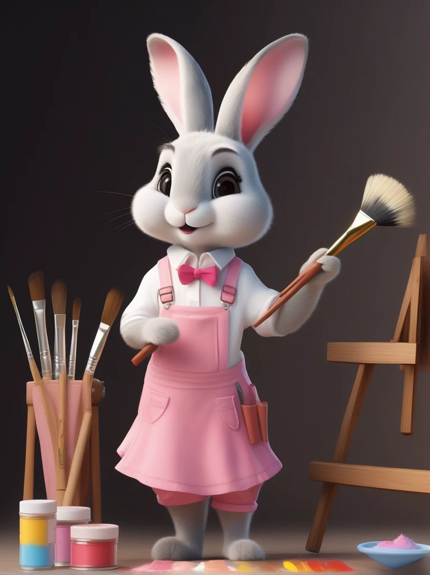 A cute rabbit wearing a white top and a pink skirt，Hold the palette in your left hand，Hold a paintbrush in your right hand，Big eyes and big ears，Character design dressed up as a painter style，Wearing a painter&#39;s hat，Cartoon Style，Illustration style，Full body shot，With super detail，Natural light，Light and shadow，Very high detail with rim light，Intricate details，Medium shooting，8k, UHD, masterpiece, ccurate, anatomically correct, textured skin, award winning