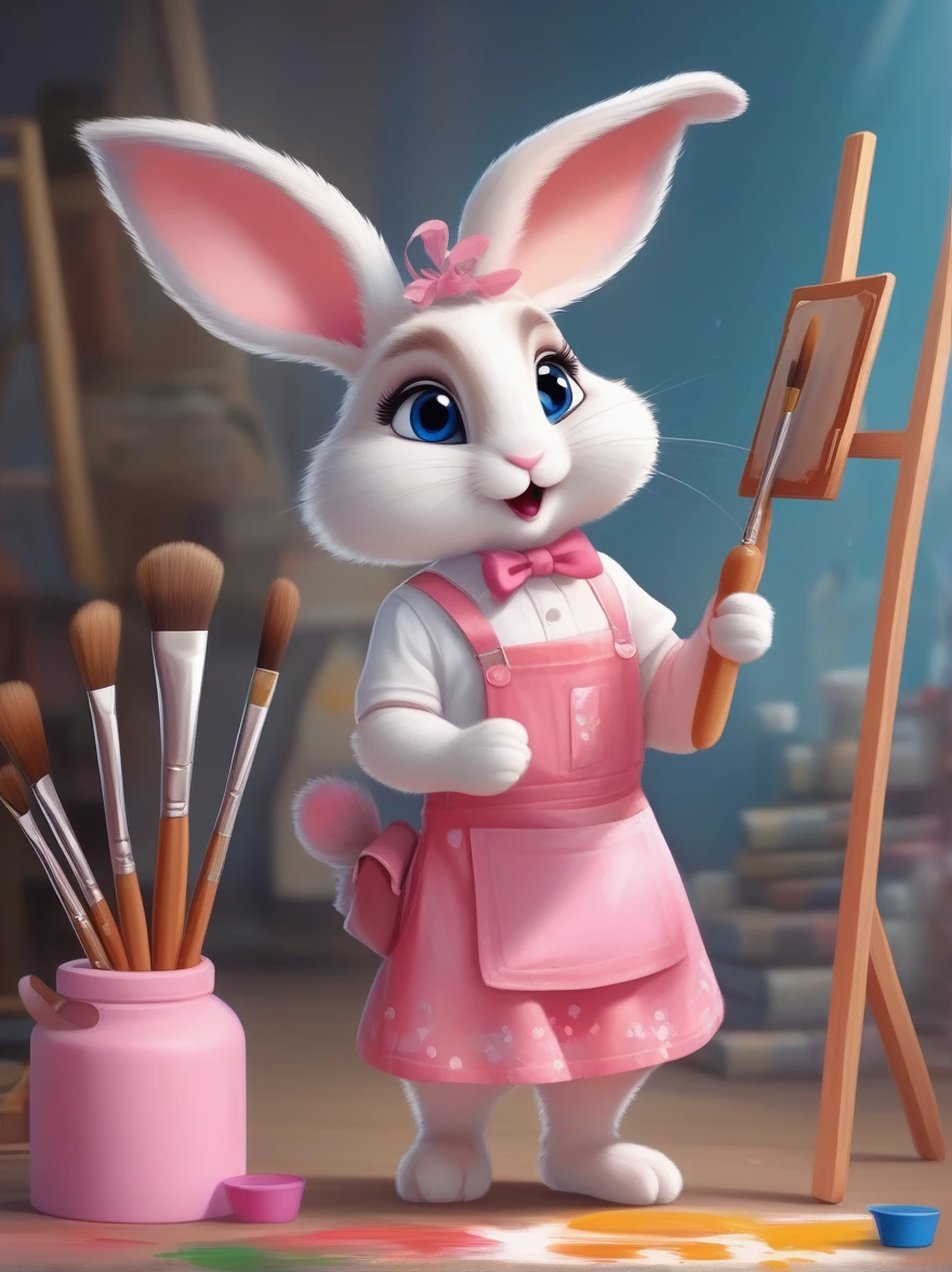 A cute rabbit wearing a white top and a pink skirt，Hold the palette in your left hand，Hold a paintbrush in your right hand，Big eyes and big ears，Character design dressed up as a painter style，Wearing a painter&#39;s hat，Cartoon Style，Illustration style，Full body shot，With super detail，Natural light，Light and shadow，Very high detail with rim light，Intricate details，Medium shooting，8k, UHD, masterpiece, ccurate, anatomically correct, textured skin, award winning