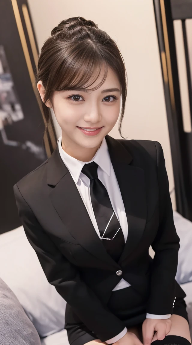 (8k、RAW Photos、highest quality、masterpiece:1.2)、(Realistic、Realistic)、1 girl、((Black business suit、Black mini skirt、Black Stockings、look forward to、))、Lots of eyelashes、Add shine to your eyelids、skeletally correct、Sweaty body、Beautifully trimmed fingertips、smile、