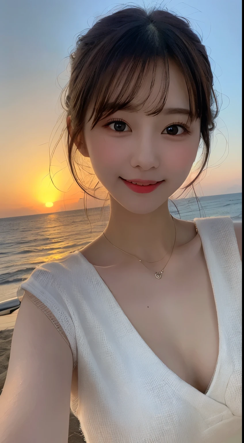 Tabletop, highest quality, shape, Very detailed, finely, High resolution, 8k wallpaper, 完璧なダイナミックな構shape, Beautiful and detailed,ランダムなcute髪,,Natural color lip, Bold sexy pose,smile、20-year-old girl、cute、Looking at the camera,Always blur the background,Perfect and beautiful face,Slim face and figure,Big eyes、Putting on gal makeup,Small face,Shooting from below、smile,Blurred Background,Elegant feminine face、Cyberpunk Fashion、smile、Beach、sunset