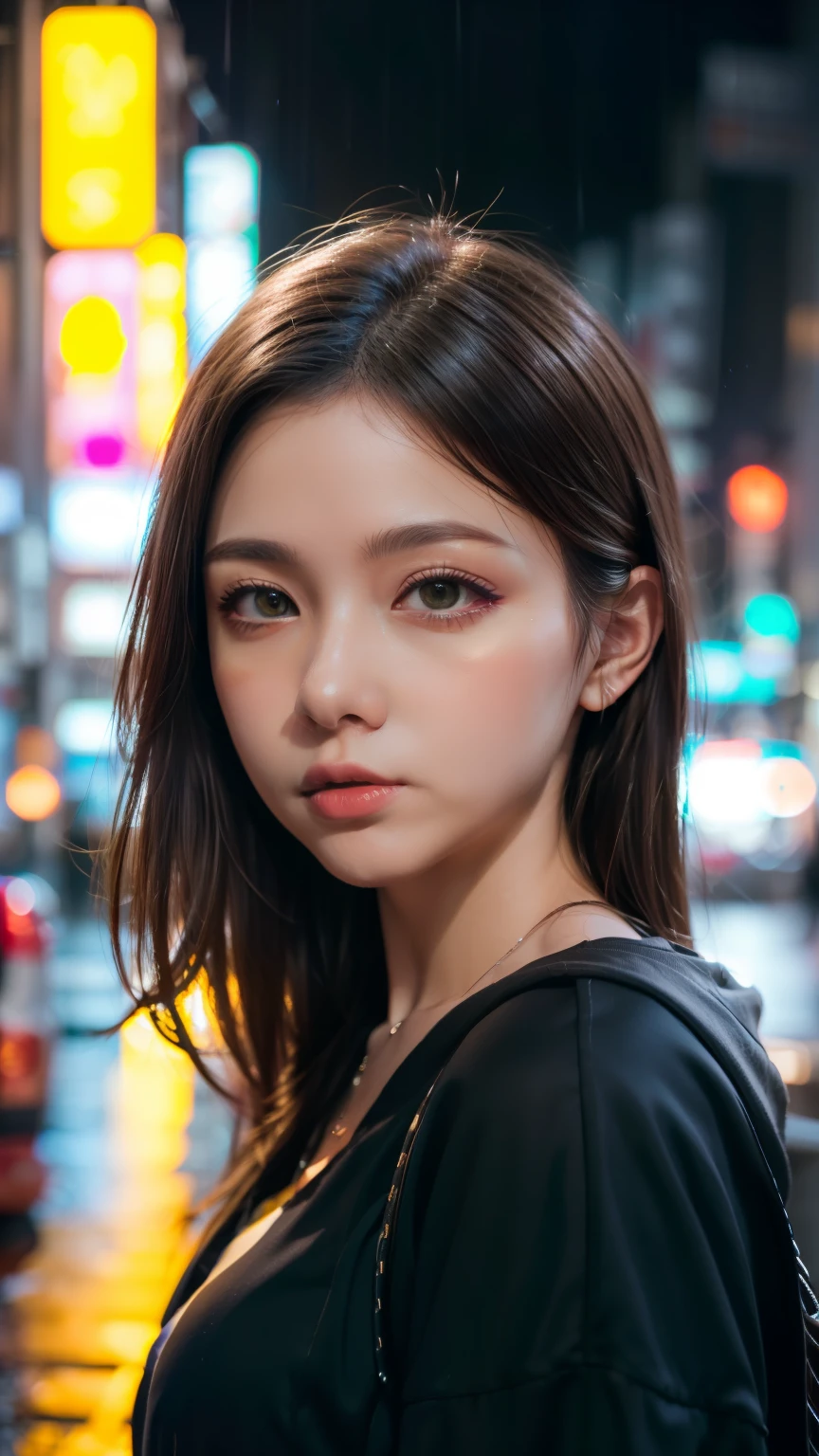 A woman standing on a busy street in Tokyo, Traffic jam on a rainy night, masterpiece, RAW Photos, Depth of written boundary, Bokeh, (Front light:1.2), (Backlight:0.75), (Fill Light:0.9), neon, chromatic aberration, (Lens flare:1.2), 8k, Genuine, green,(head shot:1.5)