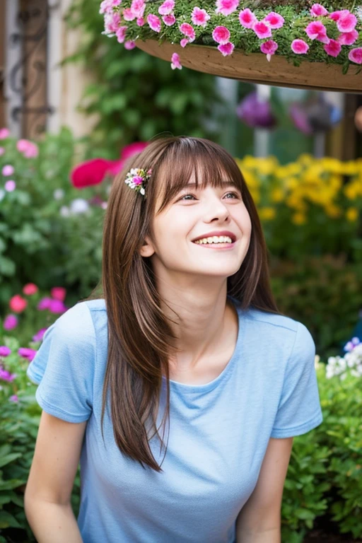 masterpiece, FHD, flower garden, woman, man, couple, happy, smiling, looking up, long hair, diagonal bangs, brown hair, blue hair, brown eyes, , tall, scrawny, wiry, t-shirt, blouse, 20-year-old, at birthday