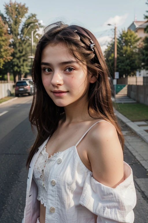 Masterpiece, white skin, textured skin, super detail, high details, high quality, 8k, nice pose, road night background, dark shadow, less light, nature light, side lighting to face beautifull ((14 years old girl)) A pink jacket, cute girl, beautiful girl, cute detailed , long hair (smile) realsltic, A cute girl, perfect face, beautifull 14 years old girl,14 years old girl, cute face, perfect face shape ((looking at sky)) ((open shoulder))