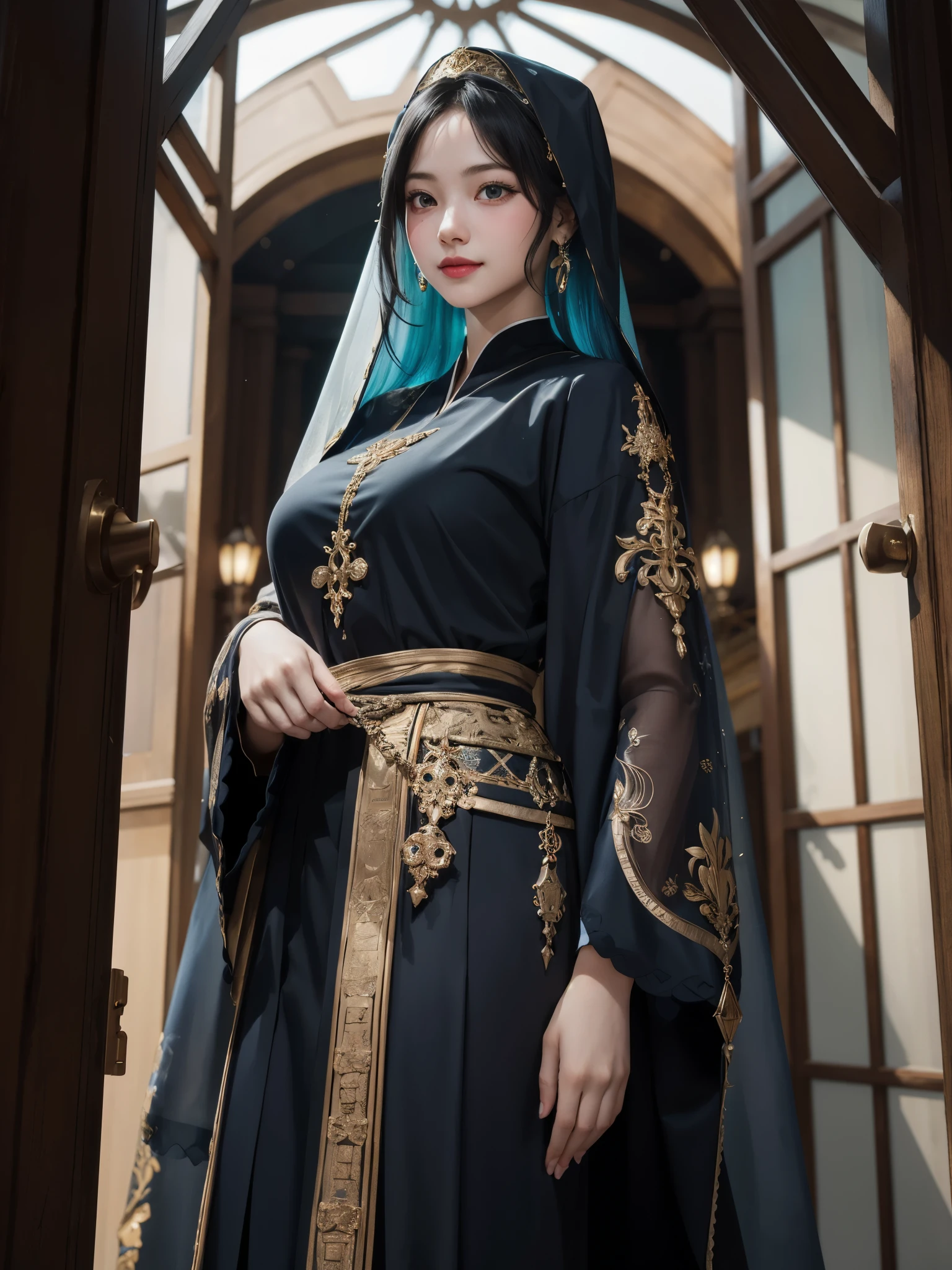 girl in byzantine style, BREAK, 1girl, detailed face, see-through byzantine veil, see-through byzantine robe, intricate gold trim accent, earring with gemstone, looking at viewer, (best_quality, masterpiece:1.2), (detailed), (4k, 8k, uhd, high_resolution, highres), open_door, smile, black_robe, blue_fox, dark_gray, dark_cyan, electric_color, temple, cinematic, intricate_pattern, (dynamic angle:1.2), large breast, (, cute:1.3),