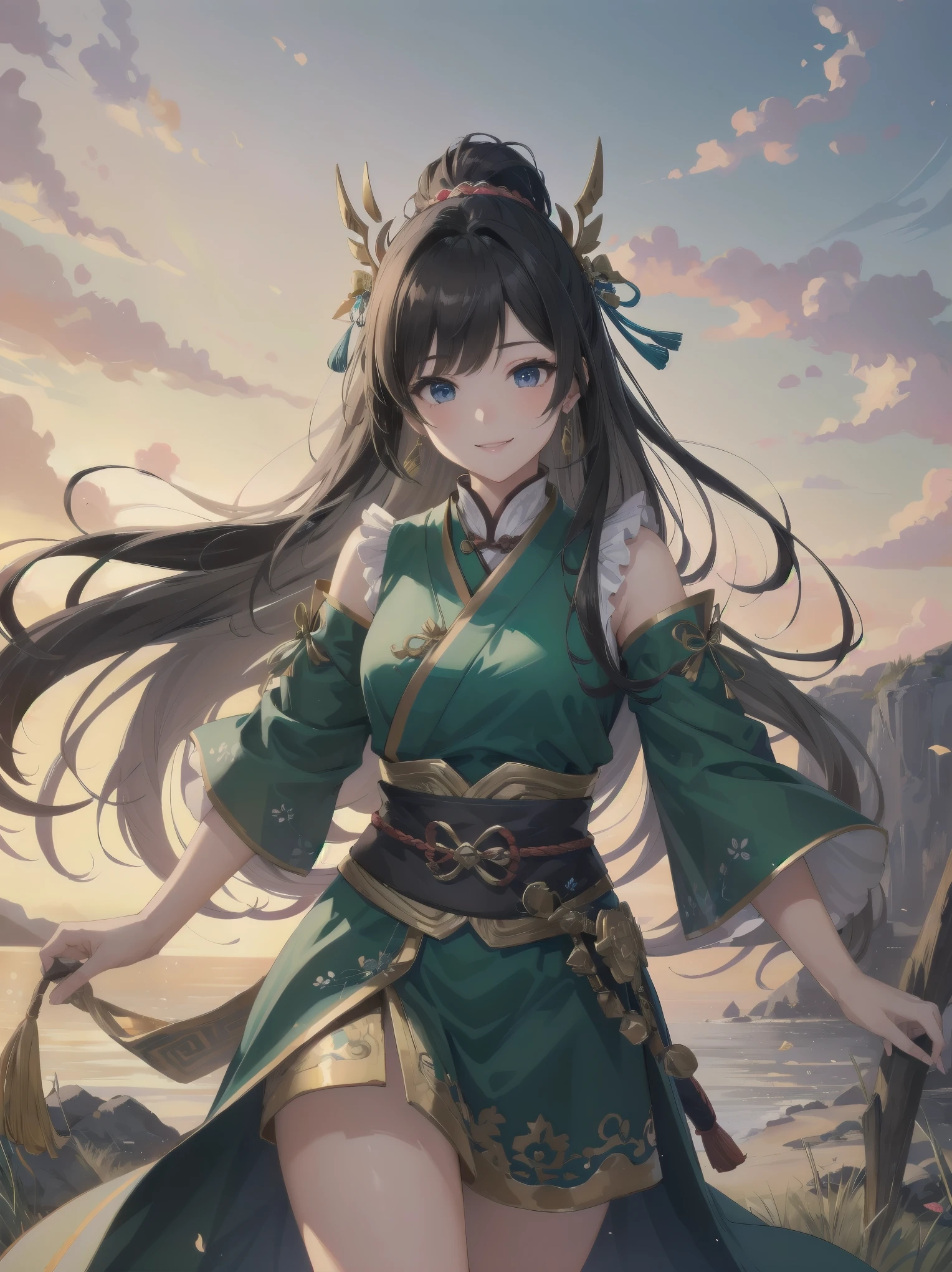 Masterpiece, top quality, highest quality, one girl, solo, arafi girl in green dress, decorated Korean pole arm behind, Unreal Engine rendering + goddess, Korean MMO, inspired by Lam Qua, bewitching expression 16k, female character, smiling girl character, warrior outfit, inspired by Li Mei-shu, 16k detail fantasy, 16k character detail