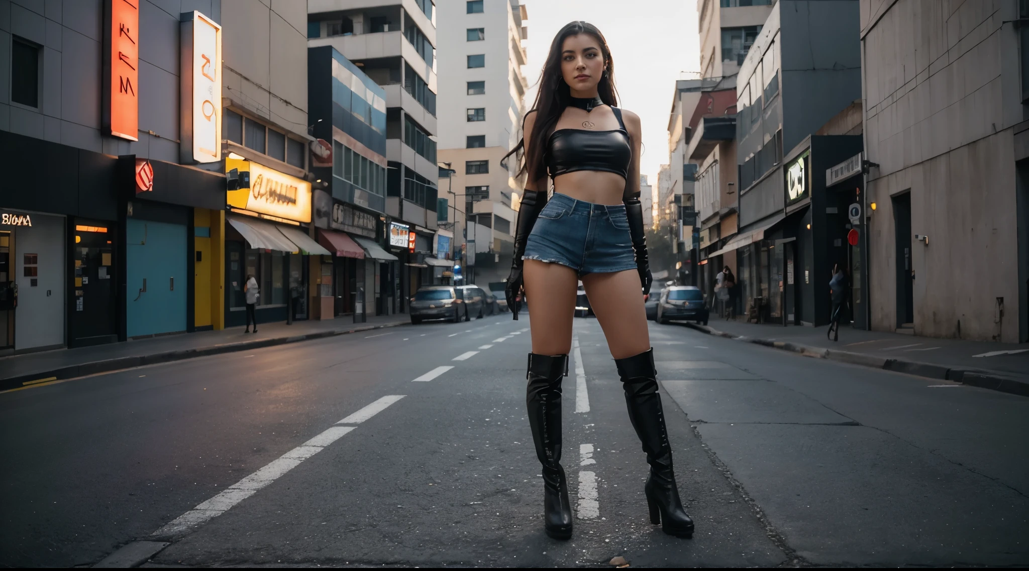 Garota loira de 19 anos, standing, ereta, standing on her feet, standingn, nua, seios nus, top menos, mamilos rosados, NSFW, muito bonita, athletic, cabelos loiros, olhos azuis, Red lips, faixa, usando short denim skirt, saia muito curta, pernas grossas, pernas bonitas, cintura estreita, abdome exposto, umbigo exposto, NSFW, botas de coxa de couro preto, saia denim curta, minissaia jeans, mini-saia, saia curta azul, cinto de couro preto, seios pequenos, mamilos rosados, pele de porcelana, The girl is wearing a black leather choker, the girl is wearing black leather boots, botas de coxa de couro preto, The girl is standing on a street in a cyberpunk city, cidade cyberpunk futurista, estilo blade runner, cena noturna, luzes da cidade, saia muito curta, micro-saia.