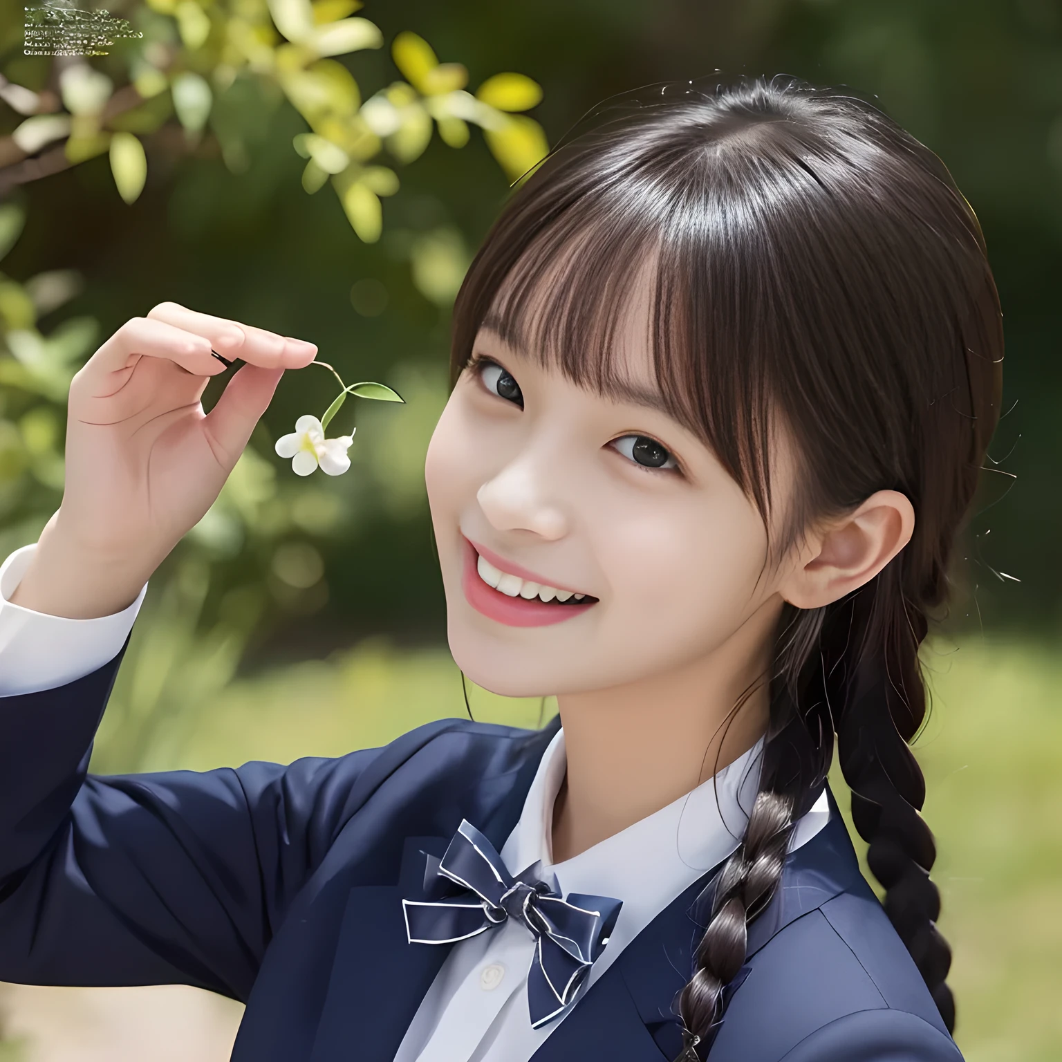 (highest quality、masterpiece:1.2)、highest quality、Realistic、photograph、High resolution、1080p、8K、Physical Rendering、((Height: 158cm)), ((one Japanese girl)), ((((A fairy in the form of a 15-year-old beautiful Japanese magazine fashion model is looking at the viewer.)))), ((((laughing at me!)))), detailed fingers, (((curled blunt bangs))), (((((Very large, cute droopy eyes, carefully and delicately drawn down to the last detail.))))), ((double eyelids)), (((long eyelashes))), ((cute lovely laughing cheeks)), ((The pure white light hits my nose and cheeks.、Her eyes and white facial skin shine beautifully white.)), ((((Her facial features are very expressive lovely smile, very sweet, very sweet)))), (((black very beautiful and very long braids))), (((She is wearing a neat junior high with a navy blue pleated skirt, navy blue blazer, and red ribbon.))), ((The skirt is very neat)) , (((As elegant as a noble princess))), ((A fractal background made up of uniform ribbons))
