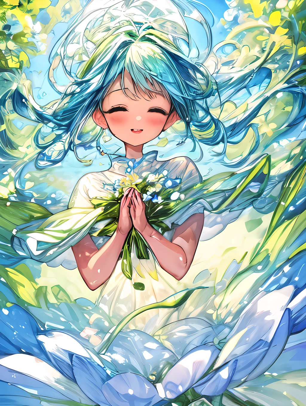 a beautiful and serene image capturing the essence of spring with blooming flowers, vibrant greenery, and clear blue skies. The image should exude a sense of freshness and renewal, with a gentle breeze rustling the petals and leaves. The colors should be soft and pastel, evoking a feeling of tranquility and joy.