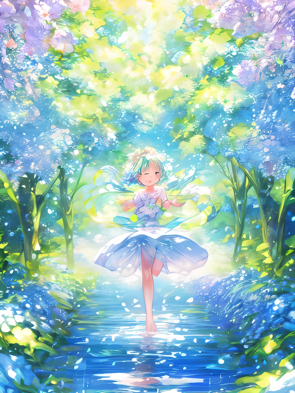 a beautiful and serene image capturing the essence of spring with blooming flowers, vibrant greenery, and clear blue skies. The image should exude a sense of freshness and renewal, with a gentle breeze rustling the petals and leaves. The colors should be soft and pastel, evoking a feeling of tranquility and joy.