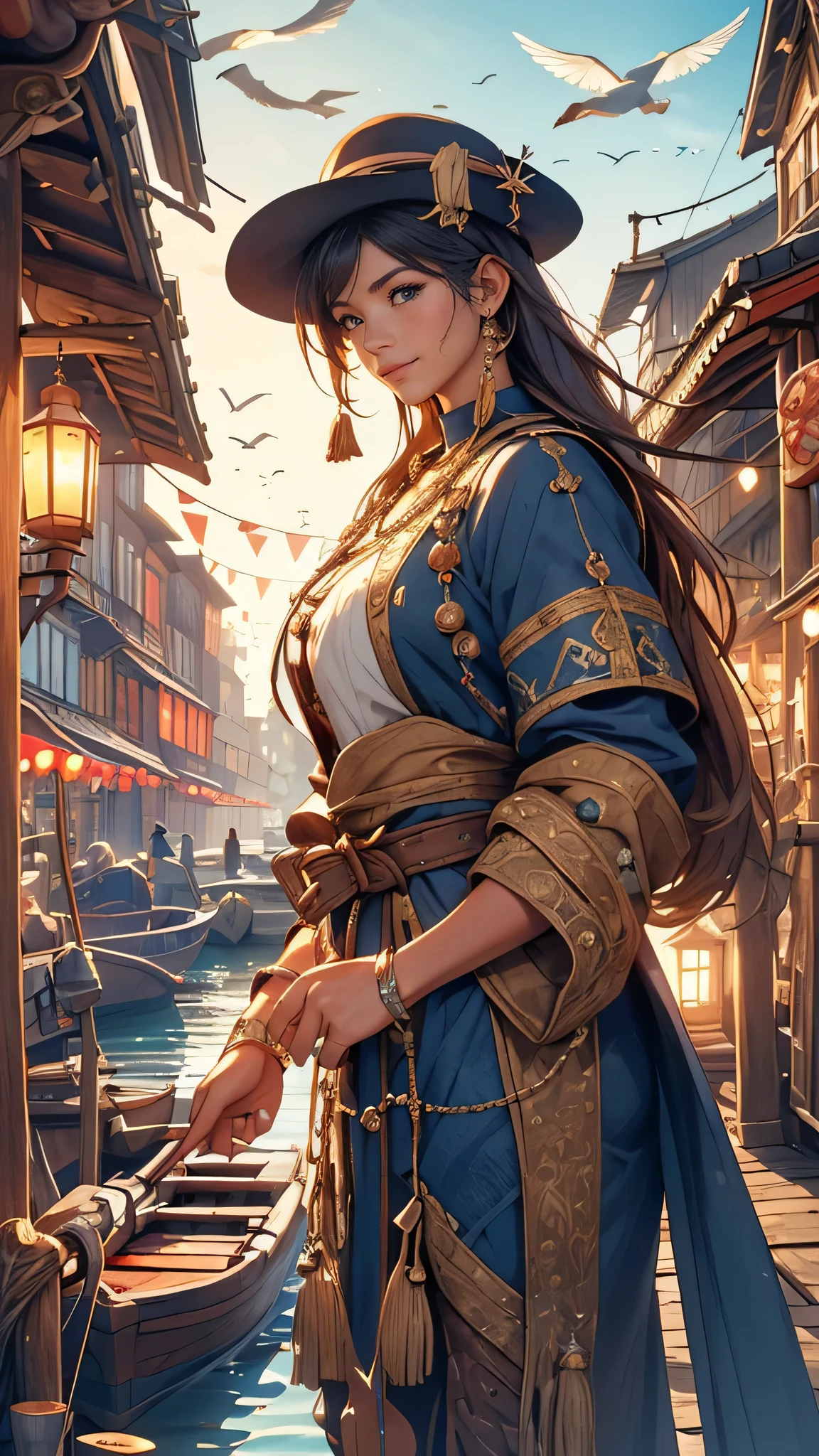 (best quality,4k,8k,highres,masterpiece:1.2),ultra-detailed,(realistic,photorealistic,photo-realistic:1.37),harbour,dock,market in harbour,fisherman sell their fish,medieval fantasy,ancient boats,old wooden buildings with colorful signs,seagulls soaring in the sky,polished stone statues of mythical creatures,people wearing medieval clothing bustling around,richly decorated trading stalls filled with various goods,bustling crowd admiring the exotic merchandise,cobblestone streets with flickering lanterns,proud fisherman showcasing their freshly caught fish,hint of saltiness in the air,ship masts towering against the sky,calm waters reflecting the vibrant scene, warm sunlight bathing the harbor,soft hues of blue and gold,picturesque silhouette of the nearby castle,old cannons guarding the entrance,watchtowers looming over the harbor,peaceful harmony between the medieval and nautical elements。