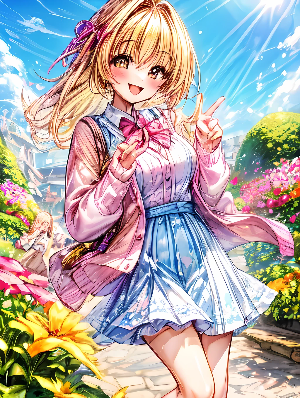 A cute girl wearing a cardigan with a smile on her face, standing in a sunny garden surrounded by colorful flowers.
