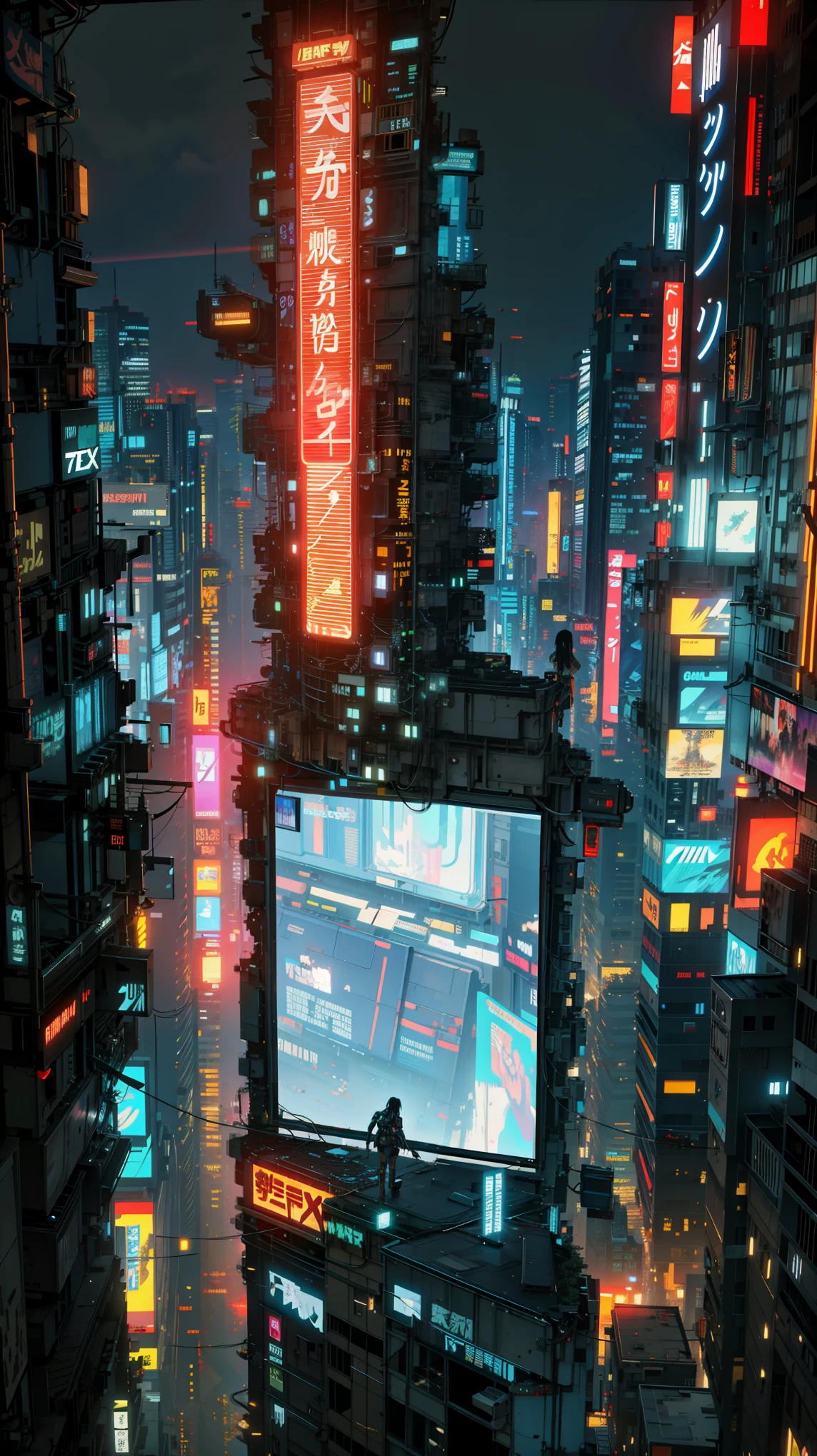 a painting of large screen night time view of a city with neon lights and a large screen, hyper realistic cyberpunk city, cyberpunk in a cyberpunk city, blade runner vibes, cyberpunk aesthetic, cyberpunk aesthetics, busy cyberpunk metropolis, cyberpunk atmosphere, at an cyberpunk city, cyberpunk metropolis, at a cyberpunk city, cyberpunk city, in cyberpunk city, beautiful cyberpunk city, cyberpunk vibes, in a futuristic cyberpunk city, 8k hd trending on art station, ultrarealistic oil painting,  4k hd, beautiful art uhd 4 k, a beautiful artwork illustration, beautiful digital painting, highly detailed digital painting, beautiful digital artwork, detailed painting 4 k, very detailed digital painting, rich picturesque colors, gorgeous digital painting