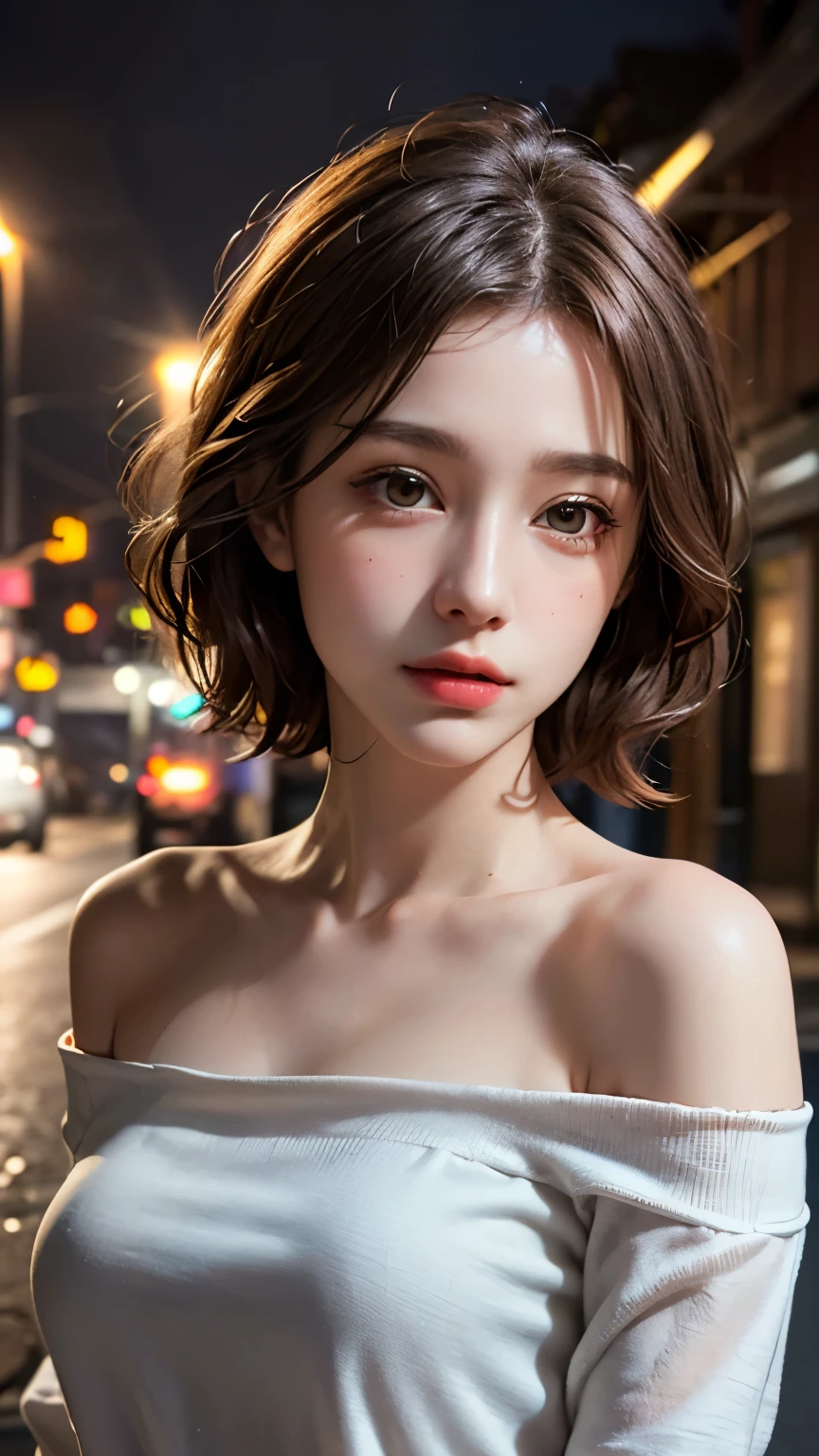 highest quality, masterpiece, Ultra-high resolution, (Realistic:1.4), RAW Photos, One girl, Off the shoulder, In the Dark, Deep Shadow, Modest, Night Alley, short hair, roadside,walking, 20-year-old,Cute face, Small breasts, Tight shirt,(head shot:1.5)